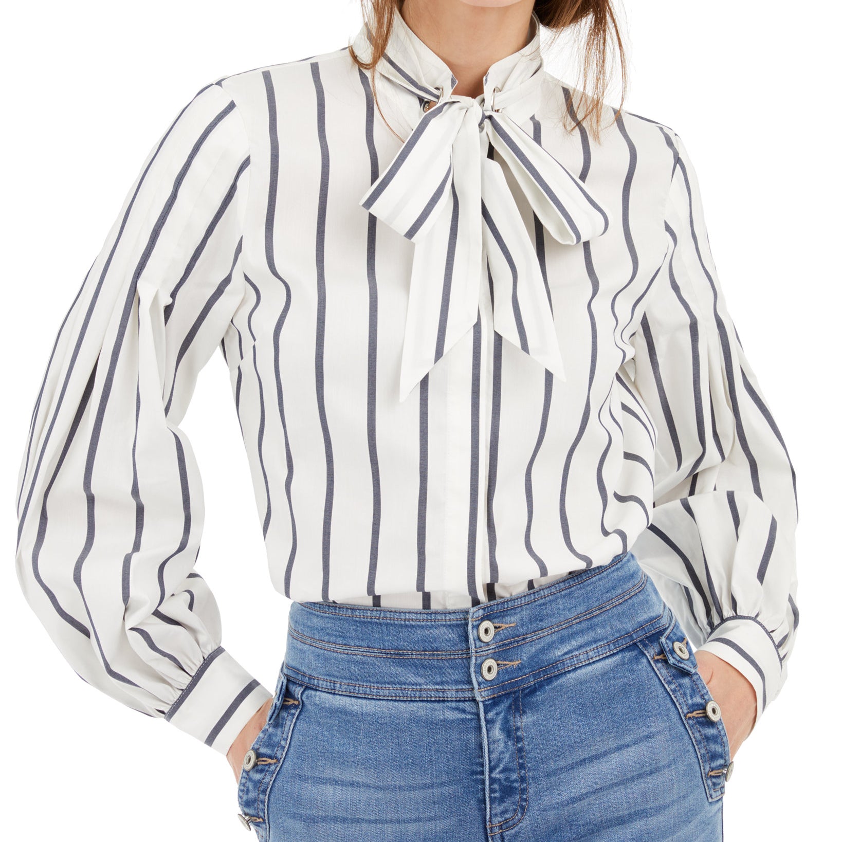 INC International Concepts Women Striped Tie Neck Shirt Wallpaper Strip