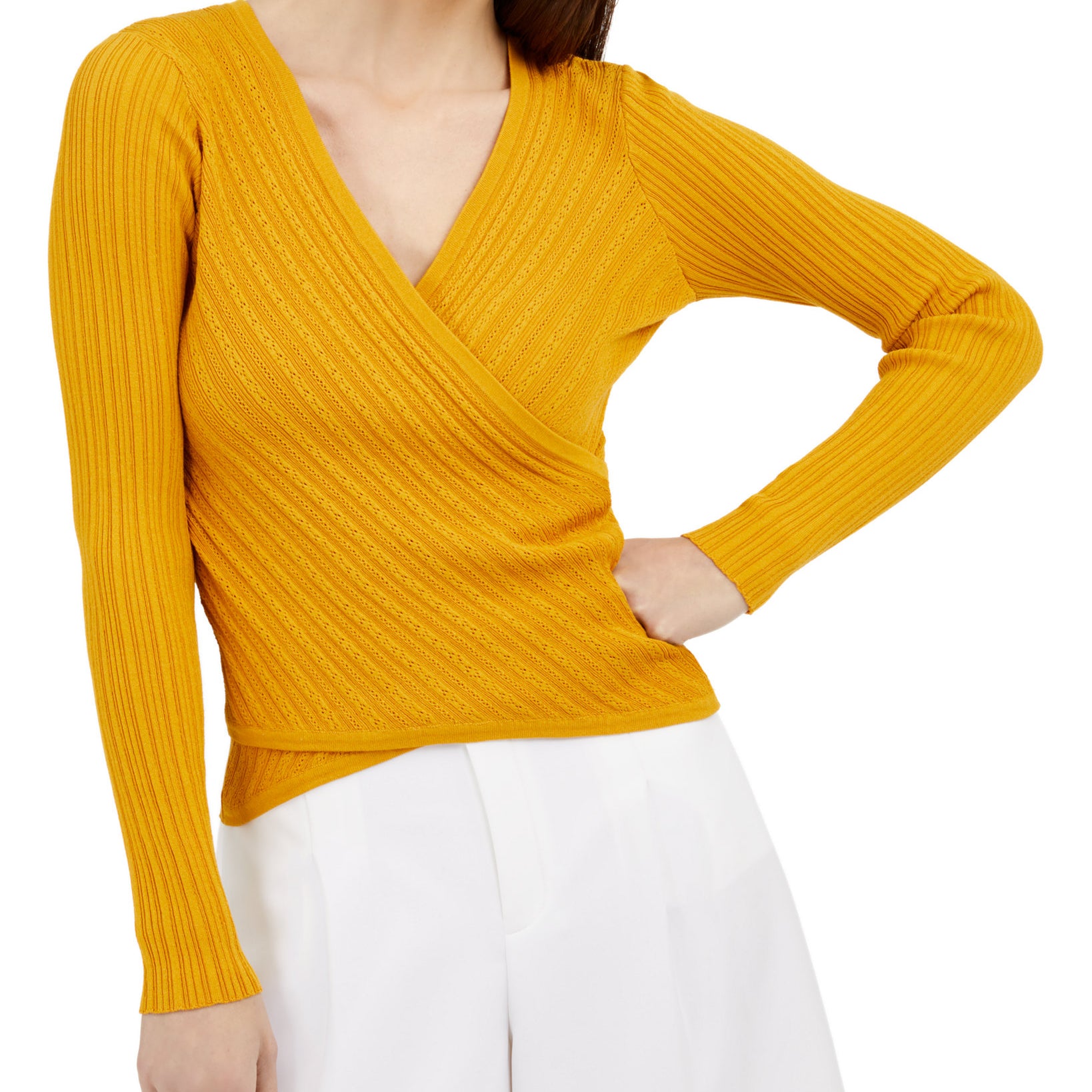 INC International Concepts Women Surplice Ribbed Top Gold Dust