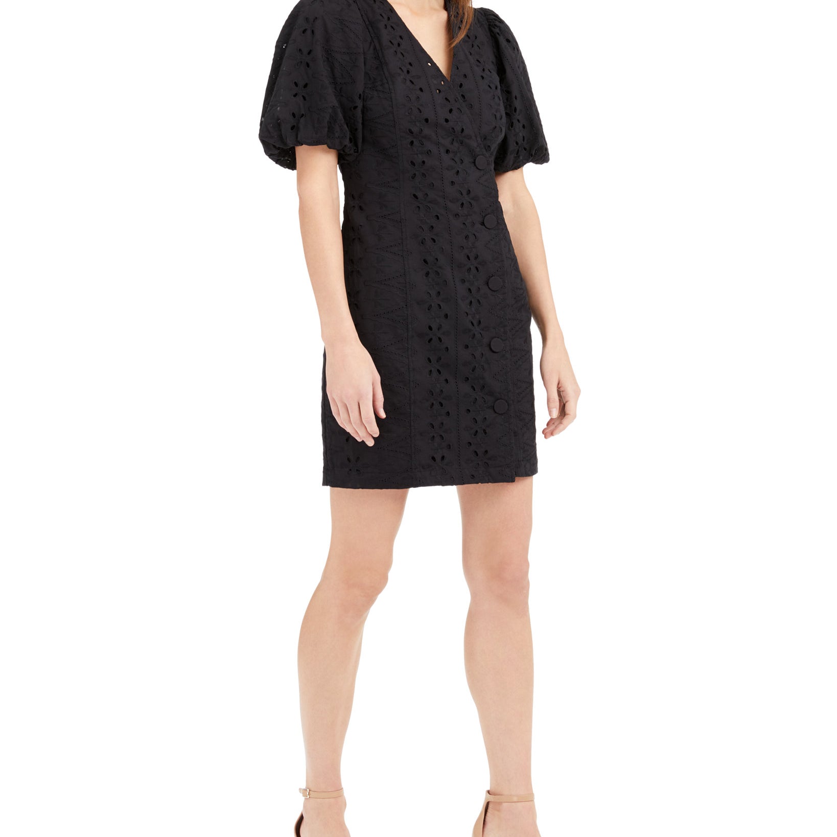 INC International Concepts Women Puff Sleeve Eyelet Dress Deep Black