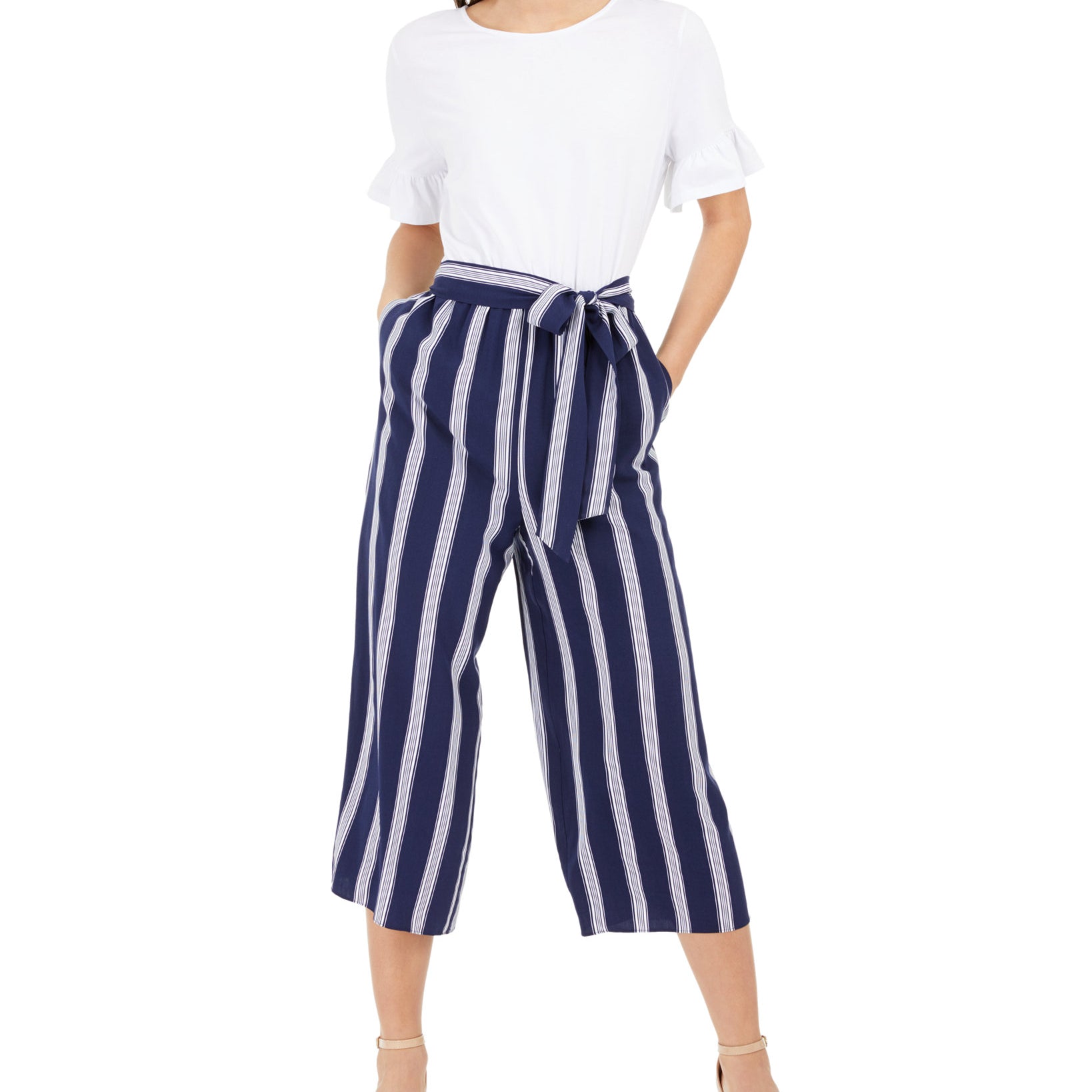 Maison Jules Women Striped Leg Belted Jumpsuit Blue Beach Stripes