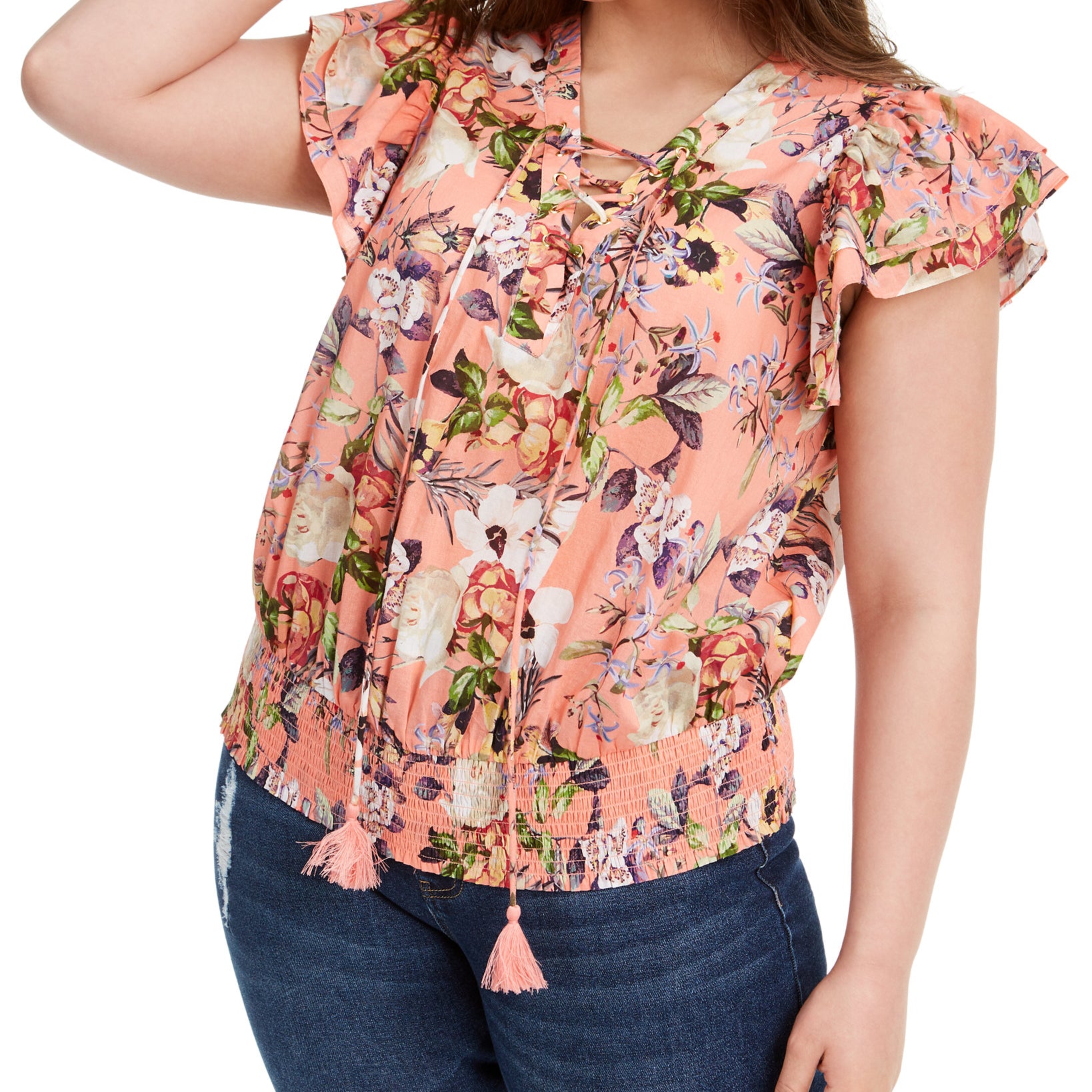 INC International Concepts Women Plus Cotton Lace Up Flutter Top Regal Blossom