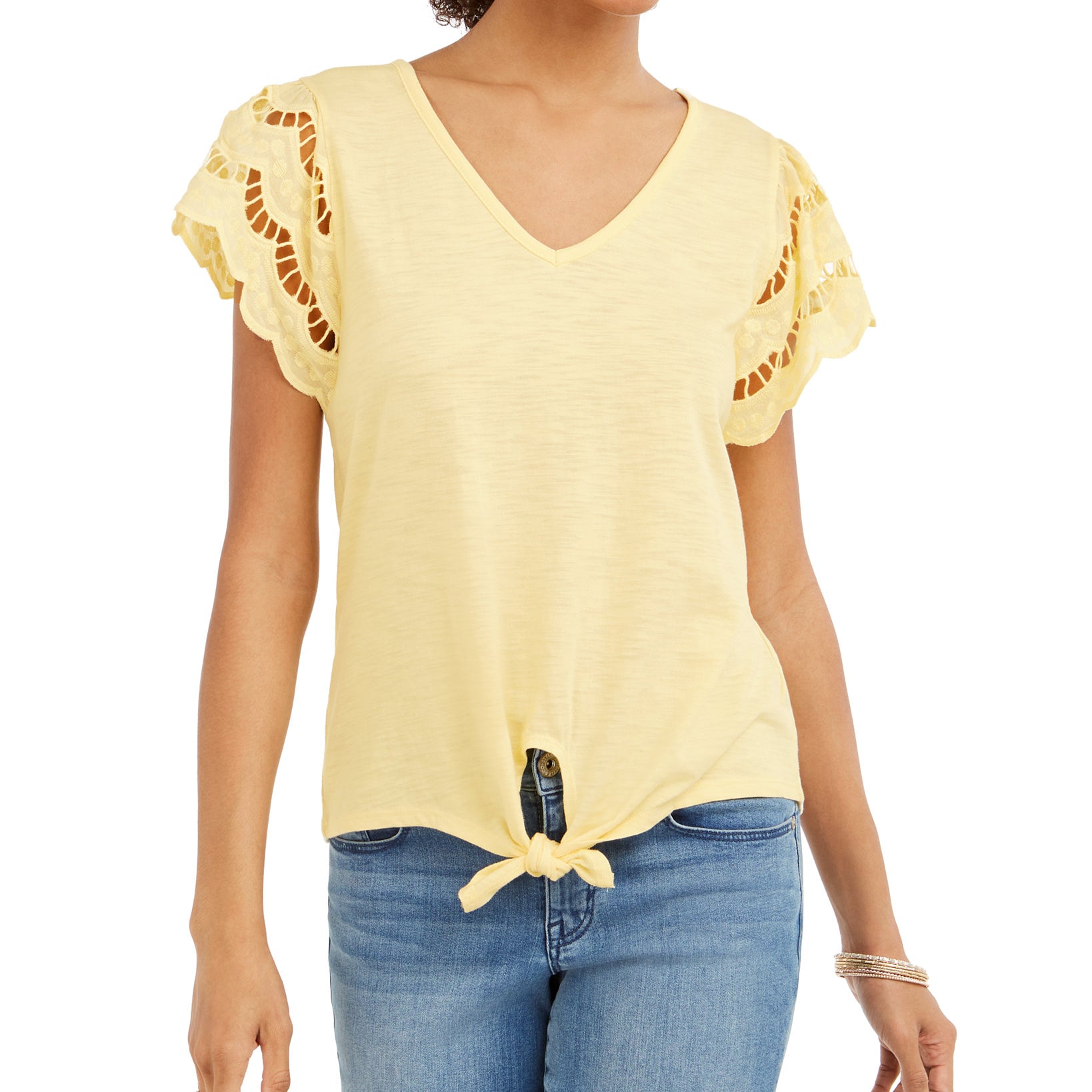 Style & Co Women Eyelet Sleeve Tie Front Top Lemon Meringue