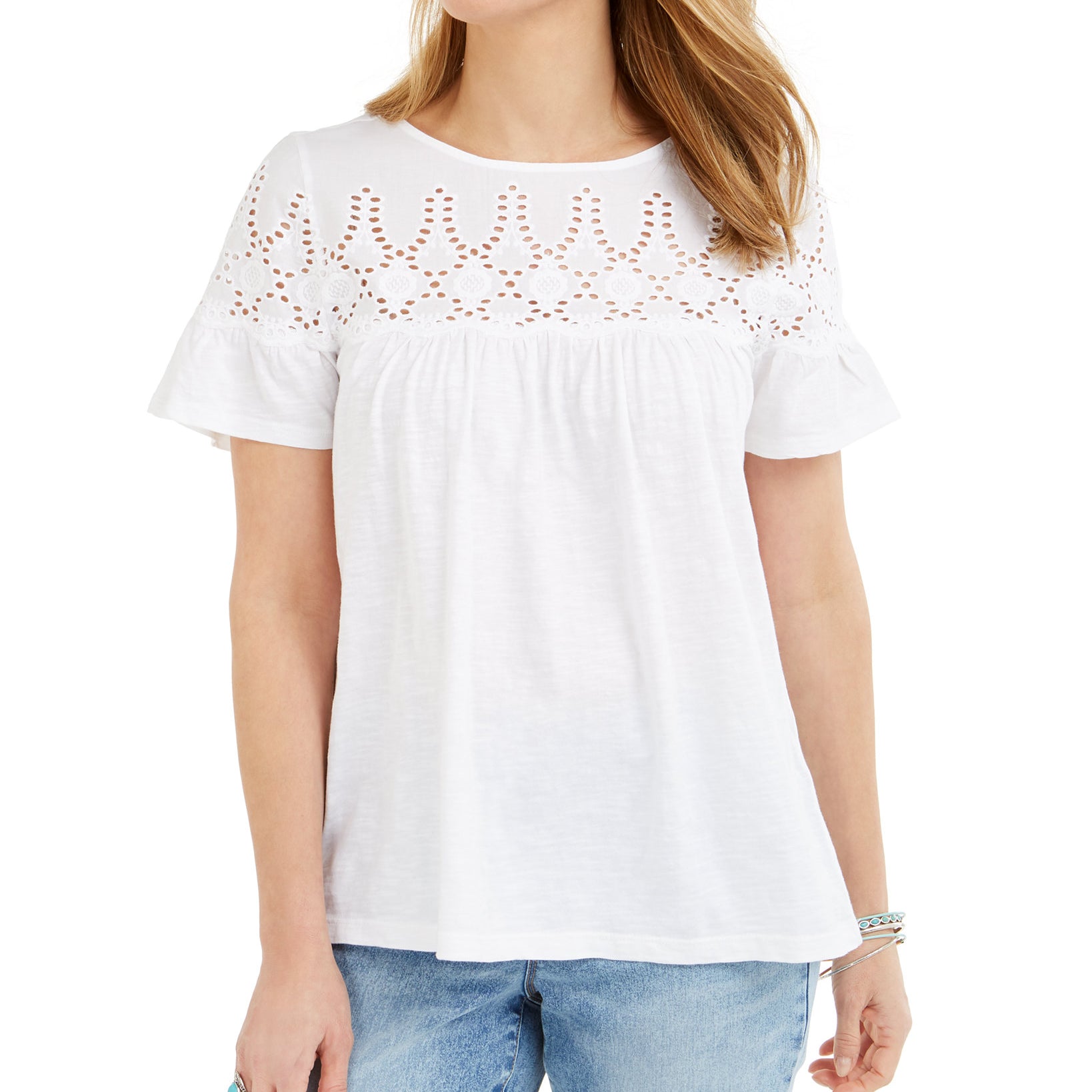 Style & Co Women Cotton Eyelet Yoke Top Bright White