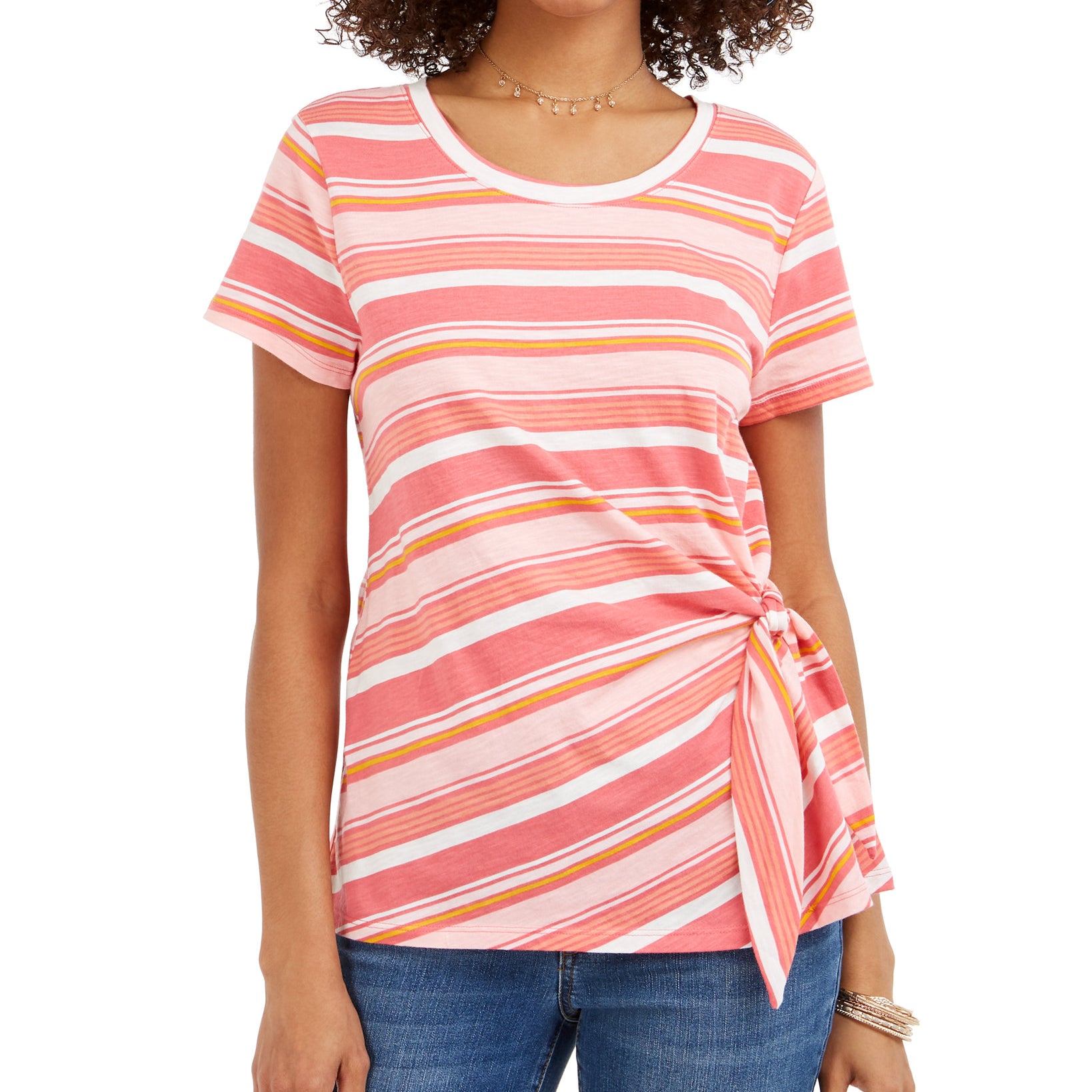 Style & Co Women Striped Tie Side Top Soho Stripe Coral