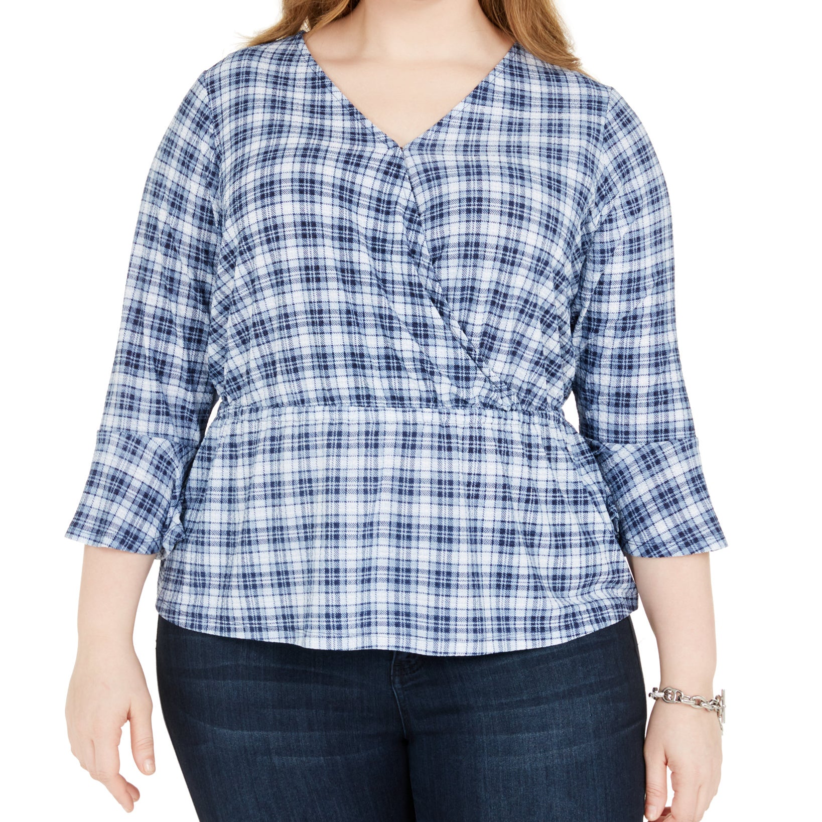 MICHAEL Michael Kors Women Plus Plaid Bell Sleeve Top Chambray