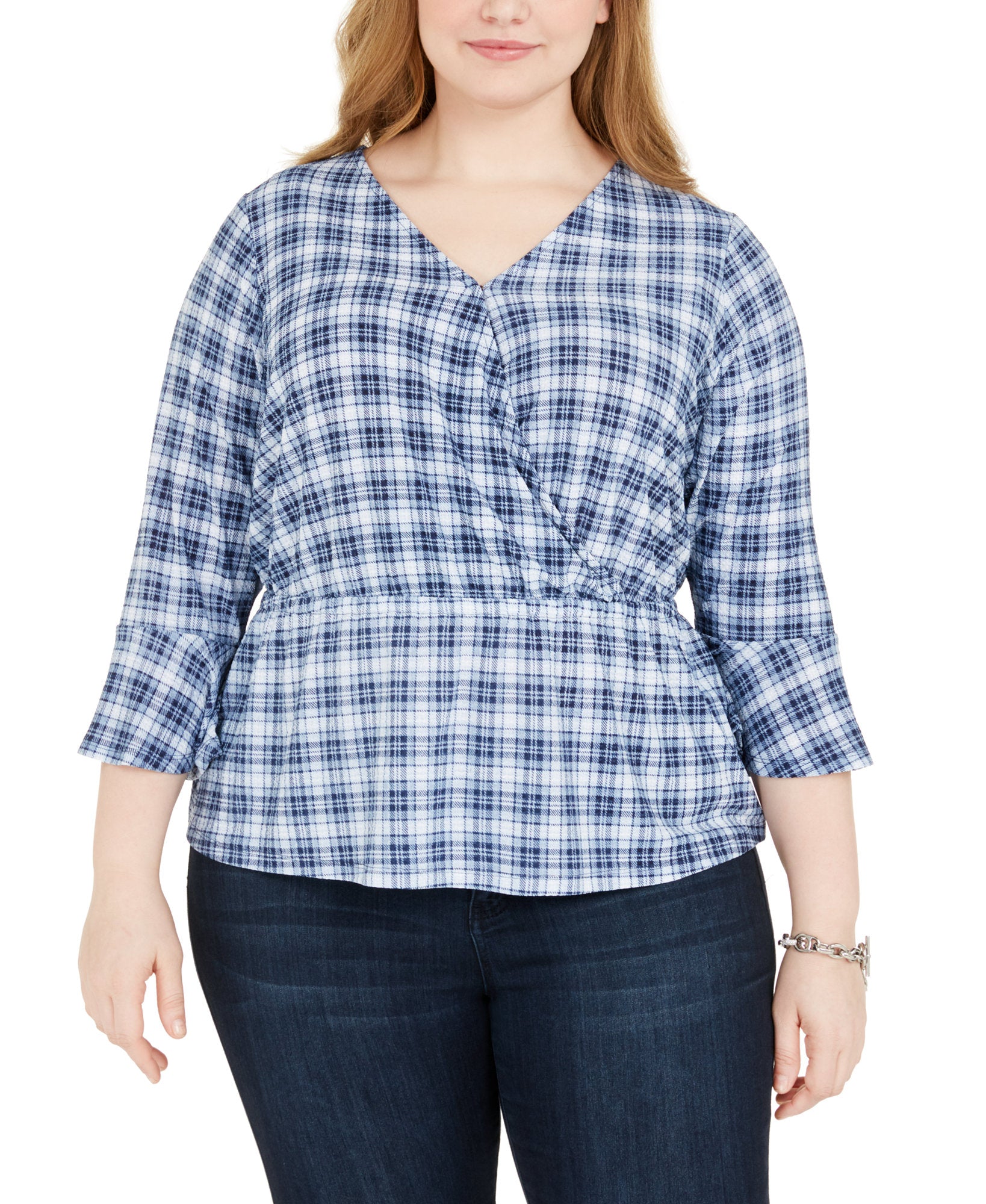 MICHAEL Michael Kors Women Plus Plaid Bell Sleeve Top Chambray