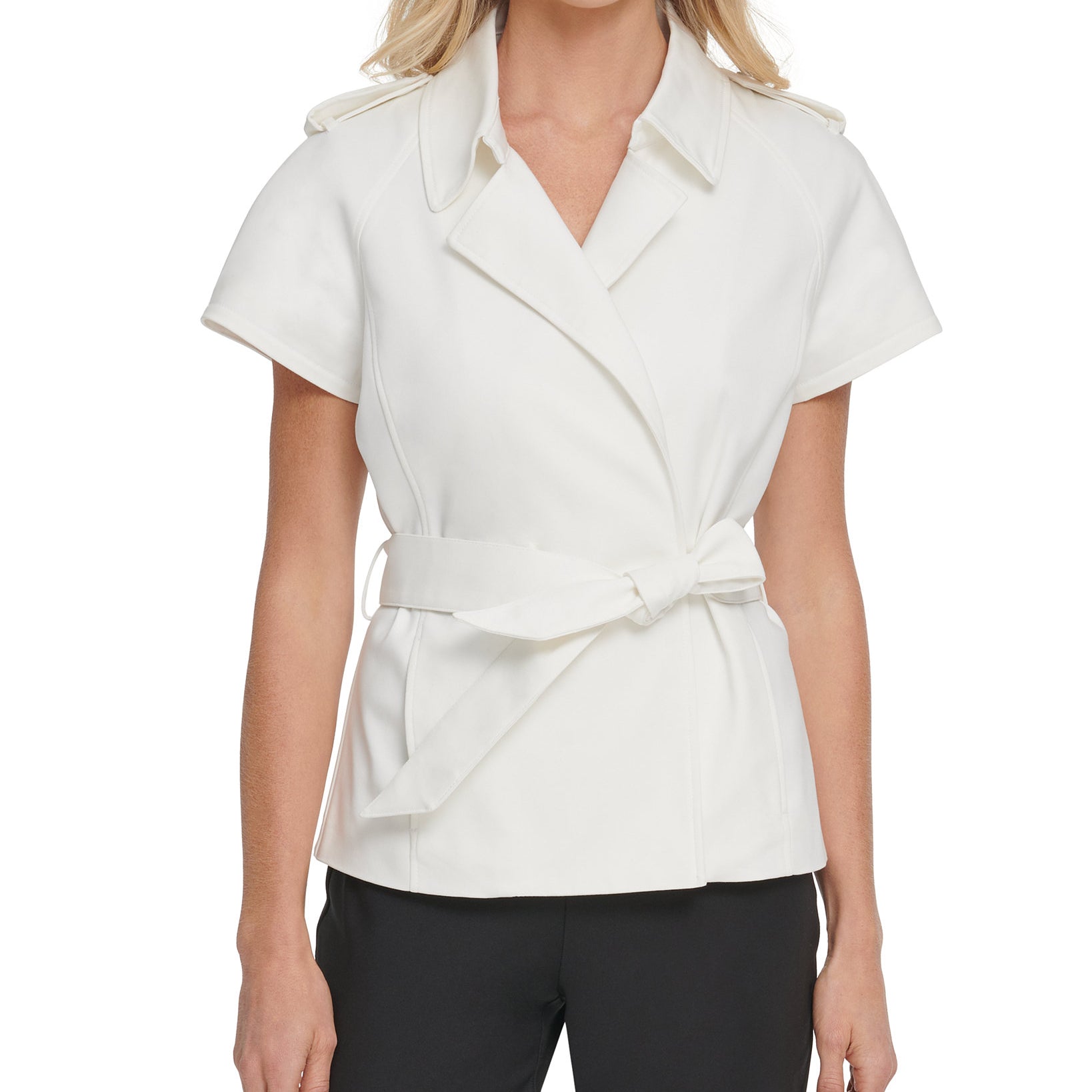 DKNY Women Belted Short Sleeve Jacket Ivory