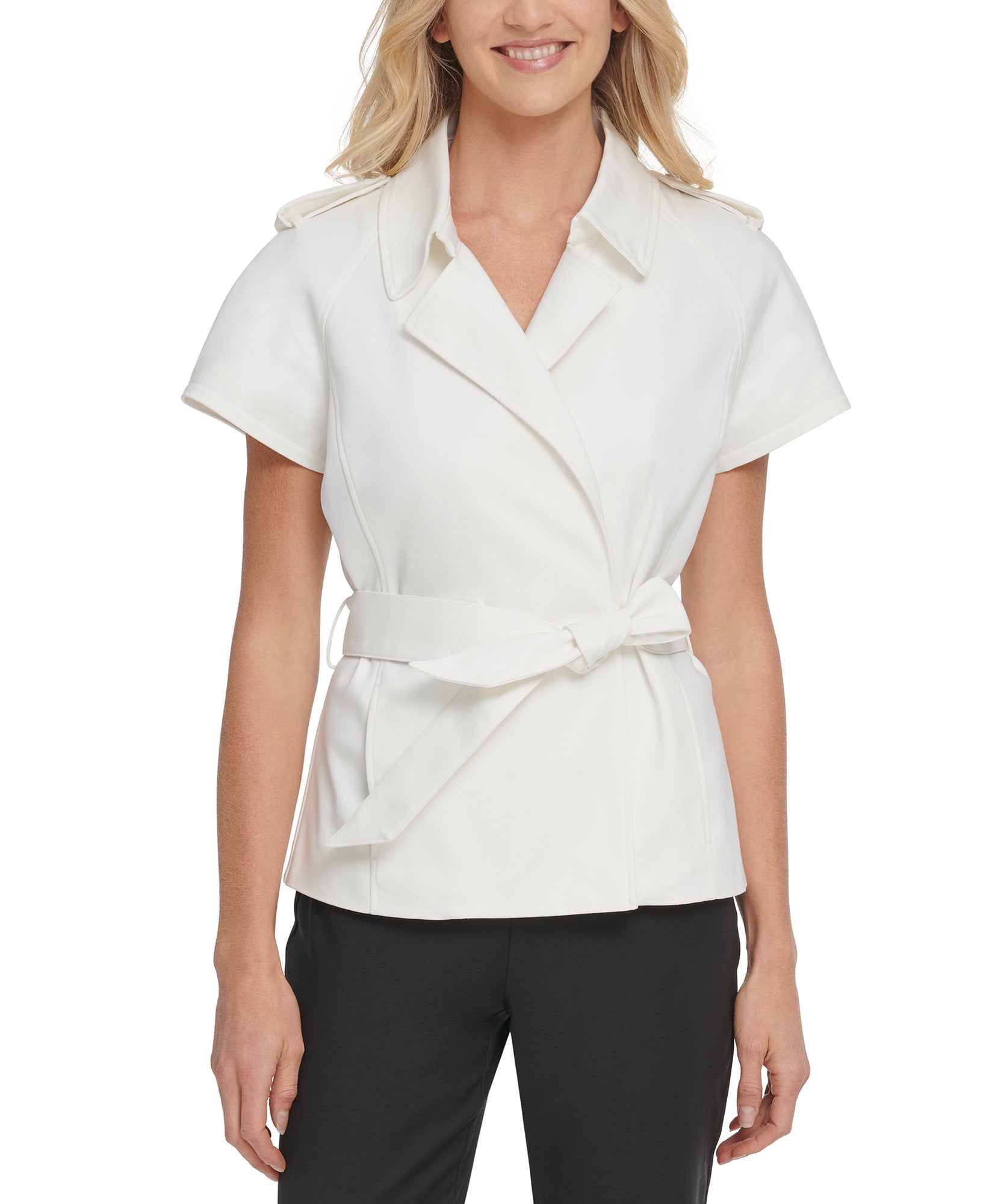 DKNY Women Belted Short Sleeve Jacket Ivory