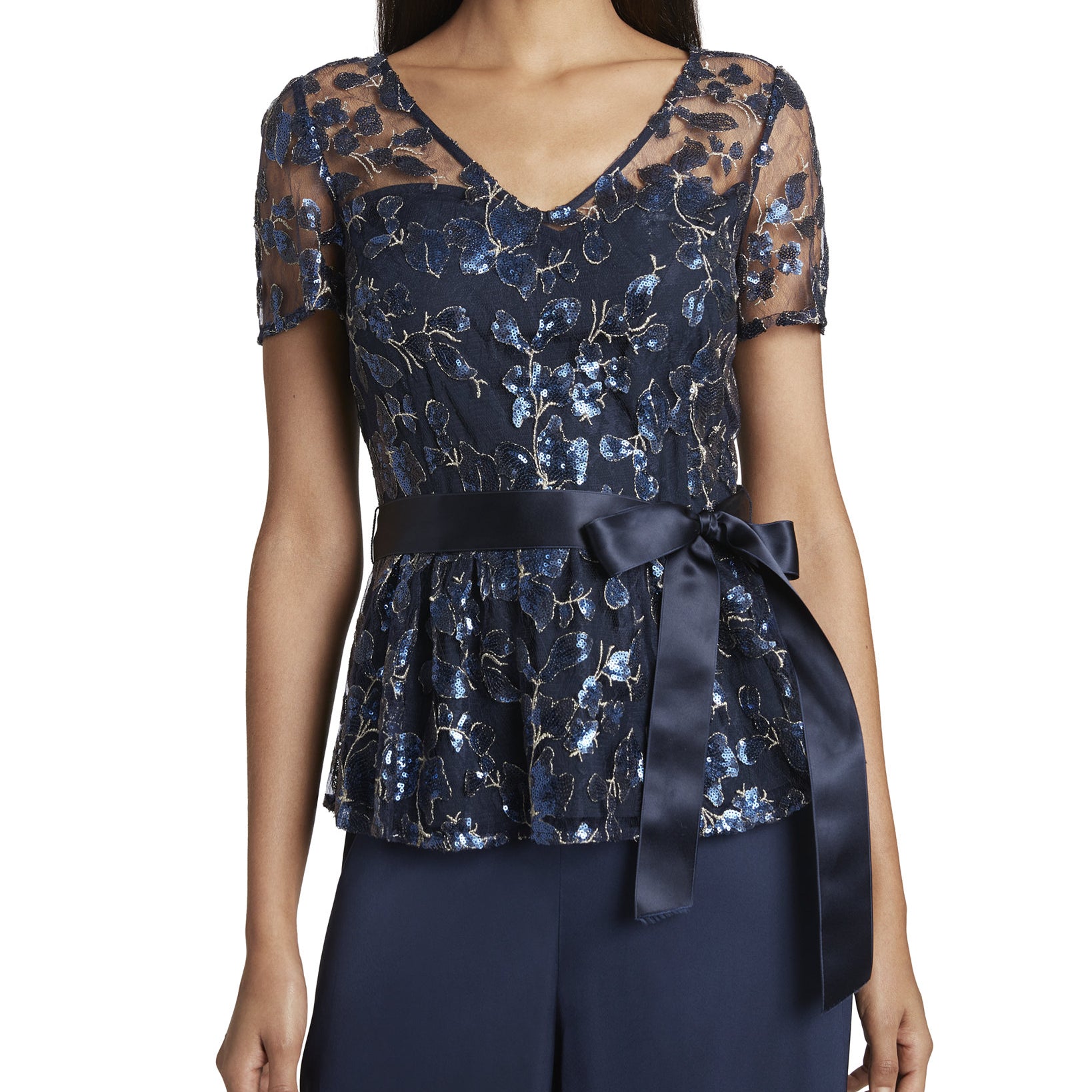 Tahari ASL Women Embroidered Sequin Top Navy Gold Floral