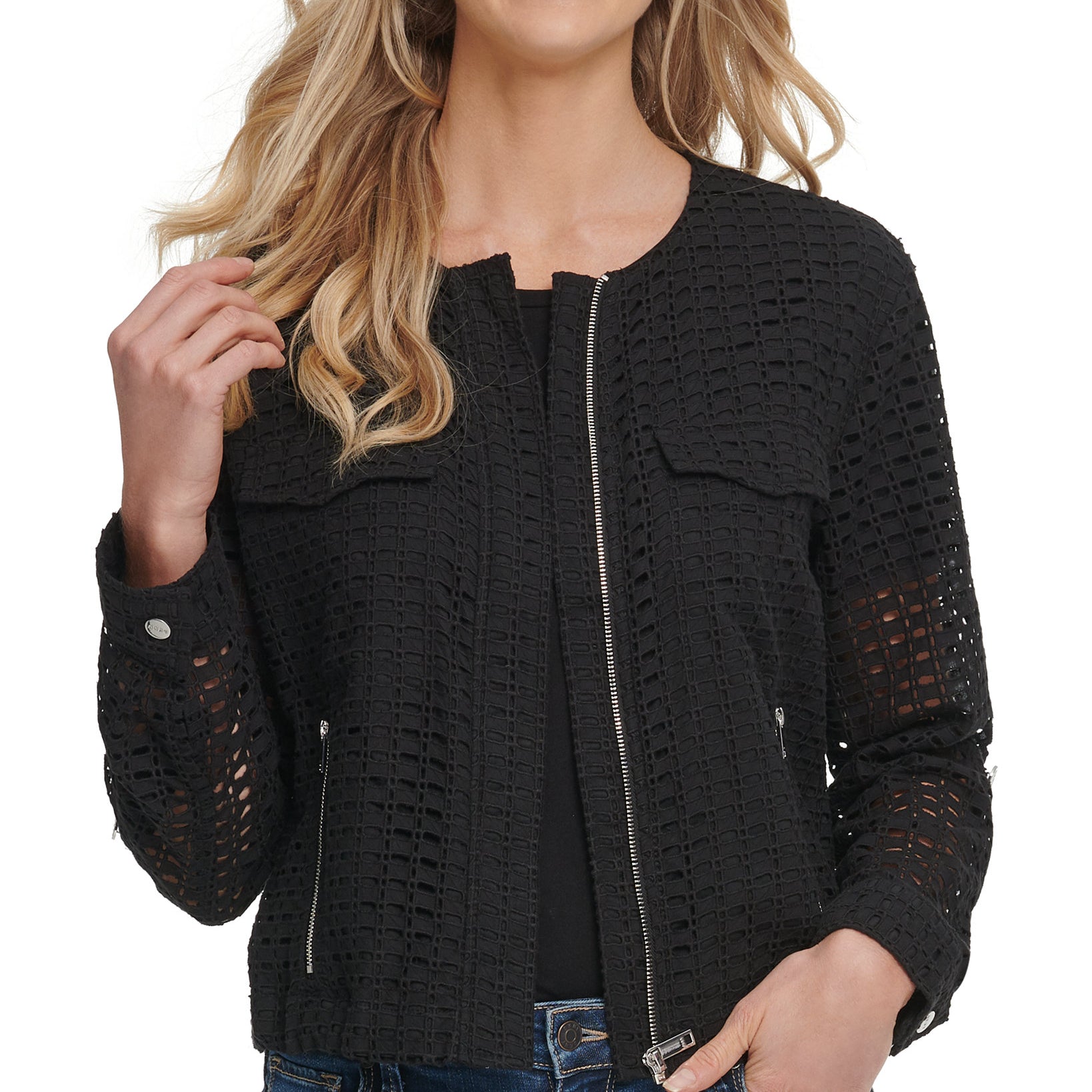 DKNY Women Cotton Crocheted Collarless Jacket Black