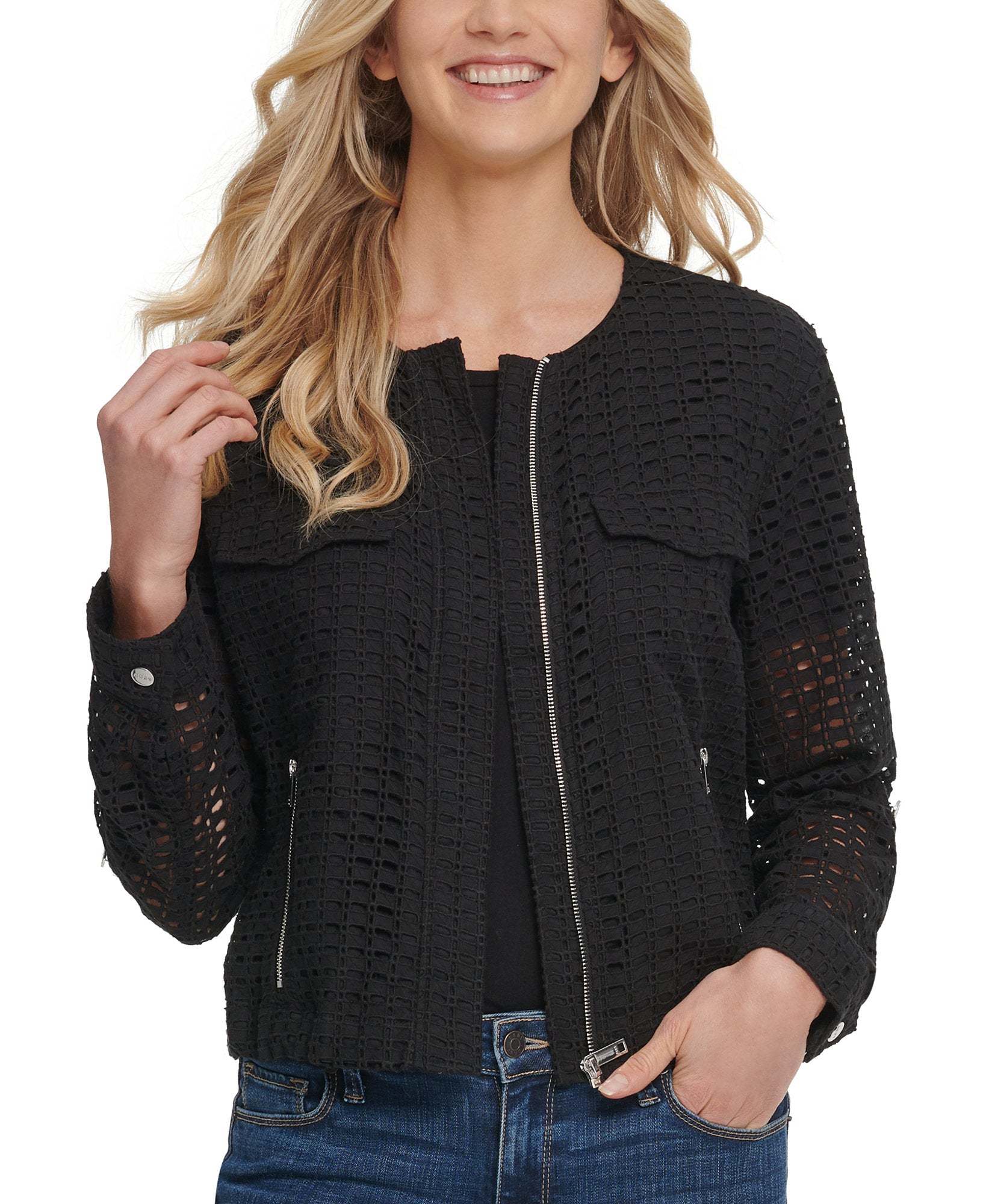 DKNY Women Cotton Crocheted Collarless Jacket Black