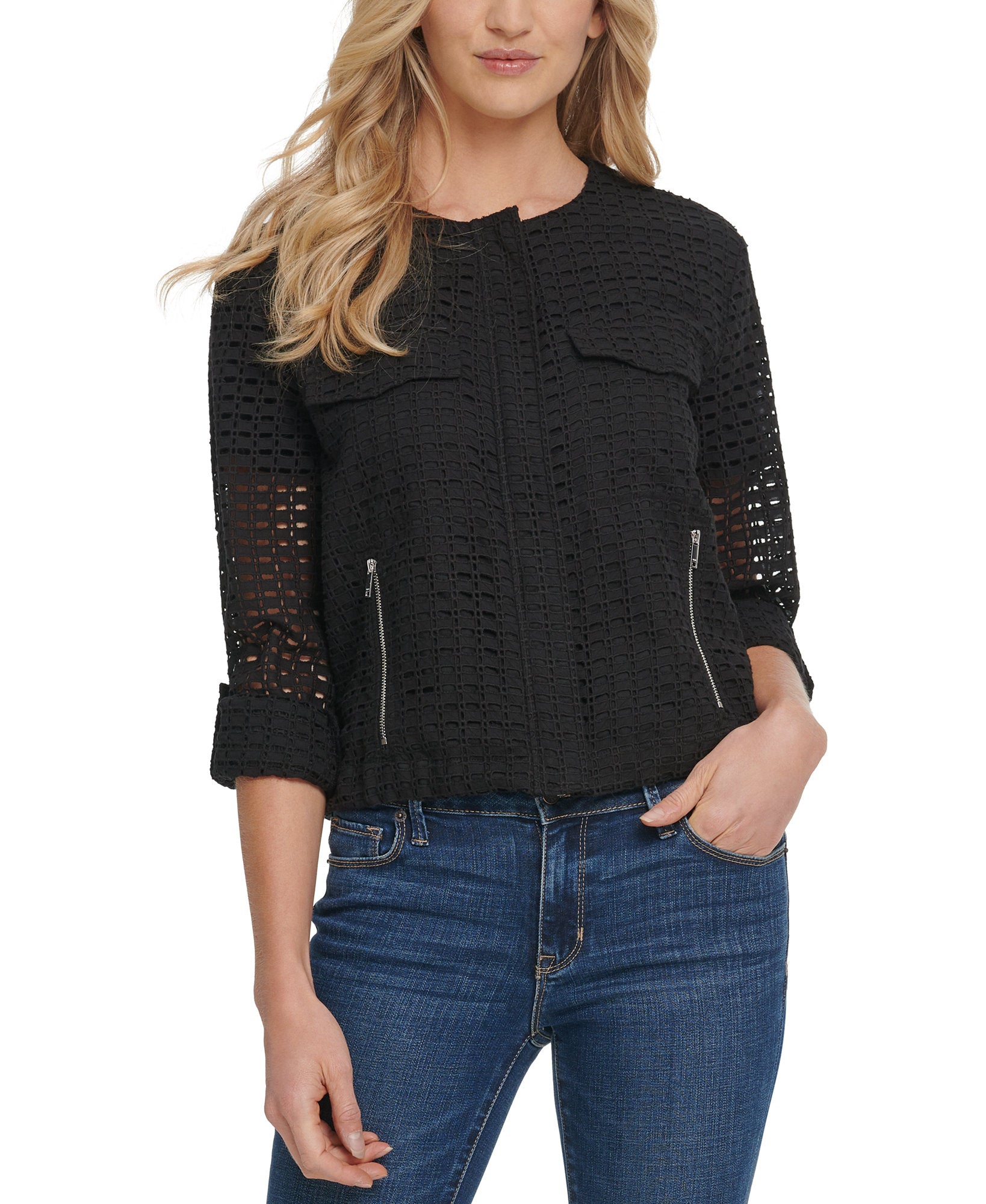 DKNY Women Cotton Crocheted Collarless Jacket