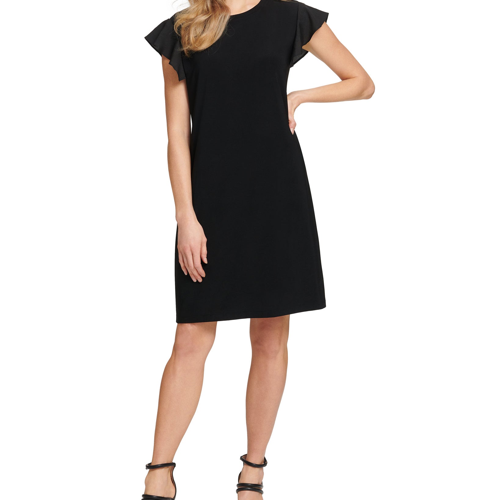 DKNY Women Mixed Media Flutter Sleeve Dress Black