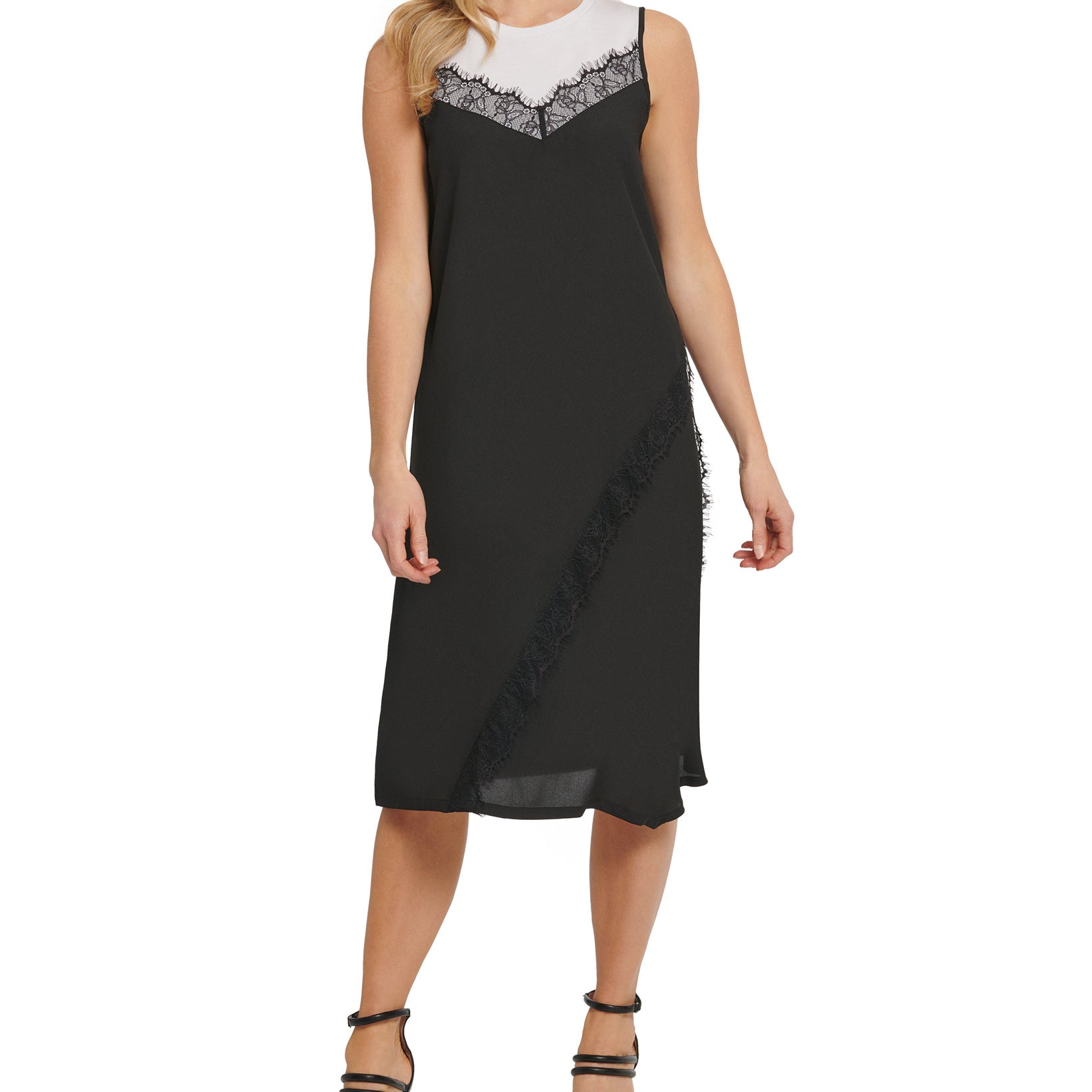DKNY Women Mixed Media Sleeveless Dress White black