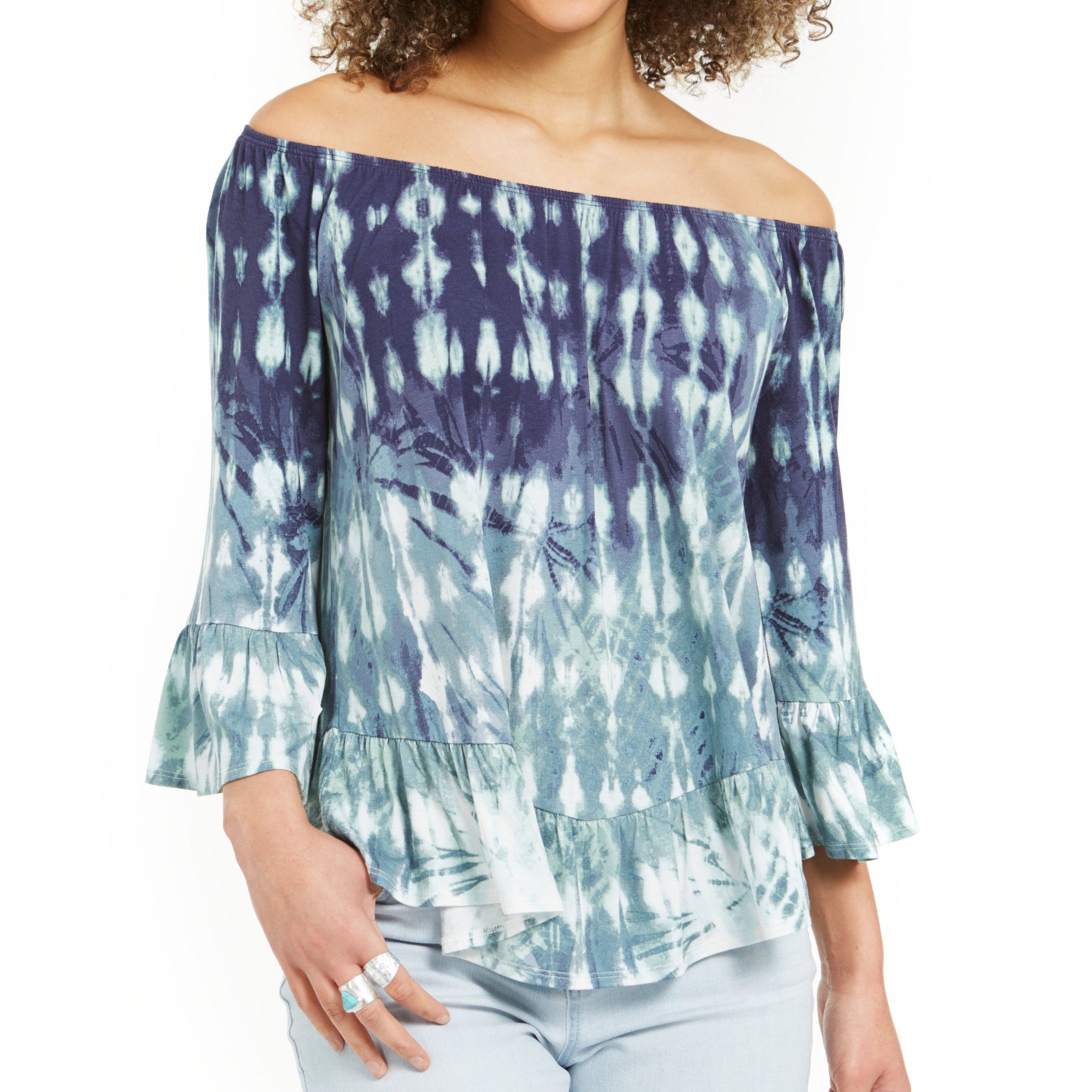 Style & Co Petite Printed Off The Shoulder Top Desertdye Blue