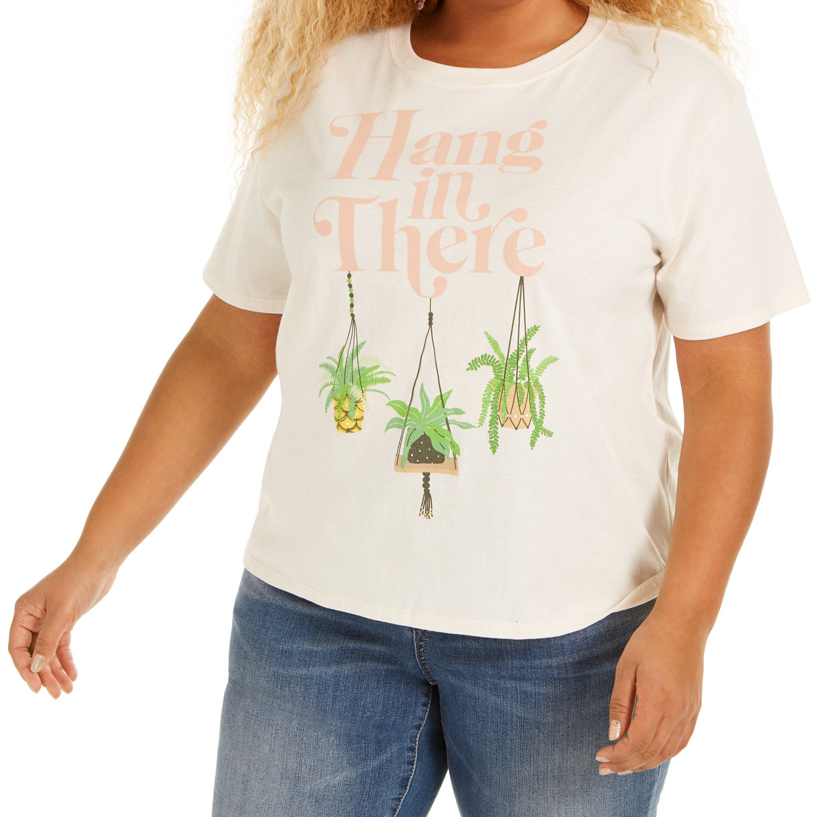 Mighty Fine Women Plus Trendy Hang In There Cropped Graphic T Shirt Off White