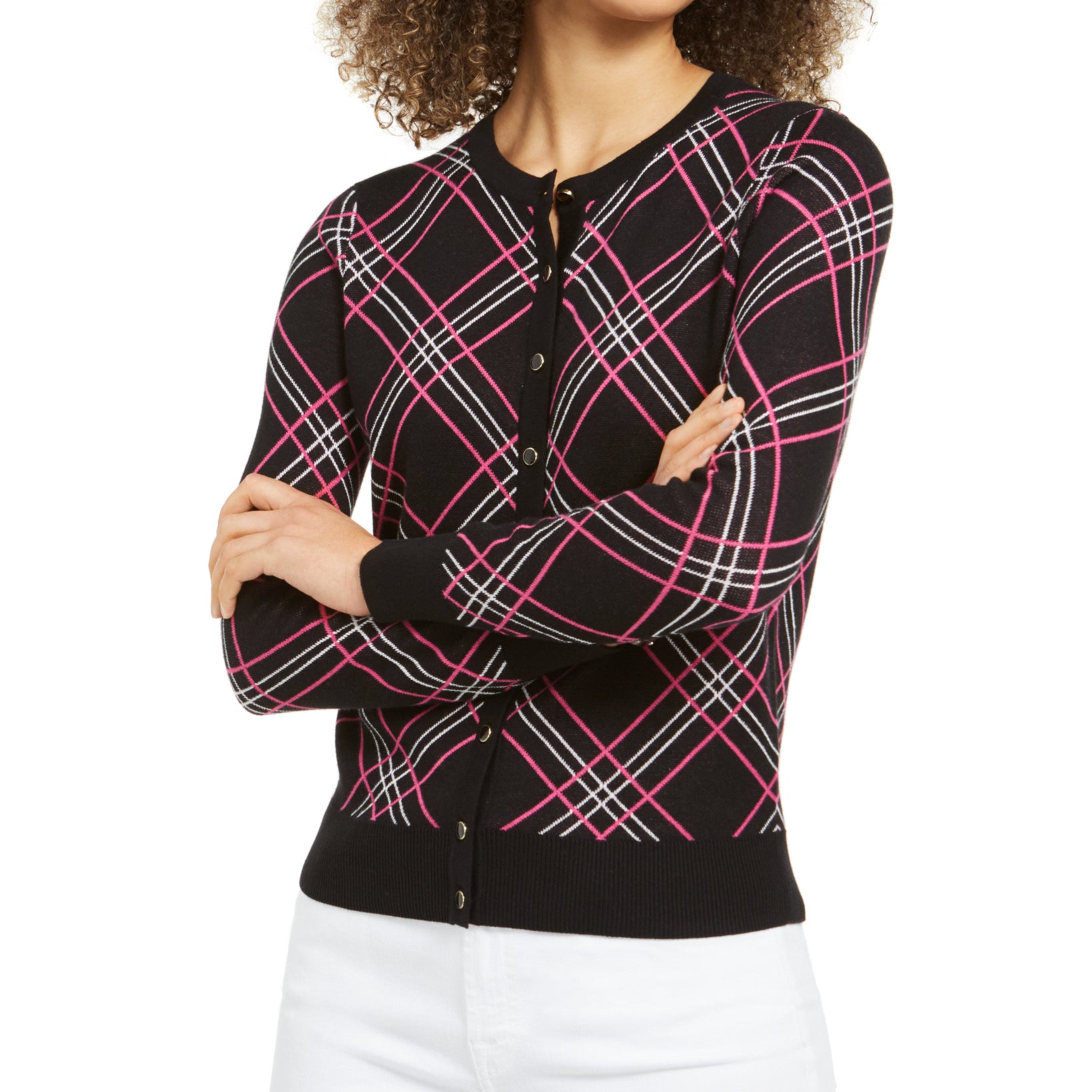Charter Club Women Plaid Cardigan Sweater Deep Black Combo