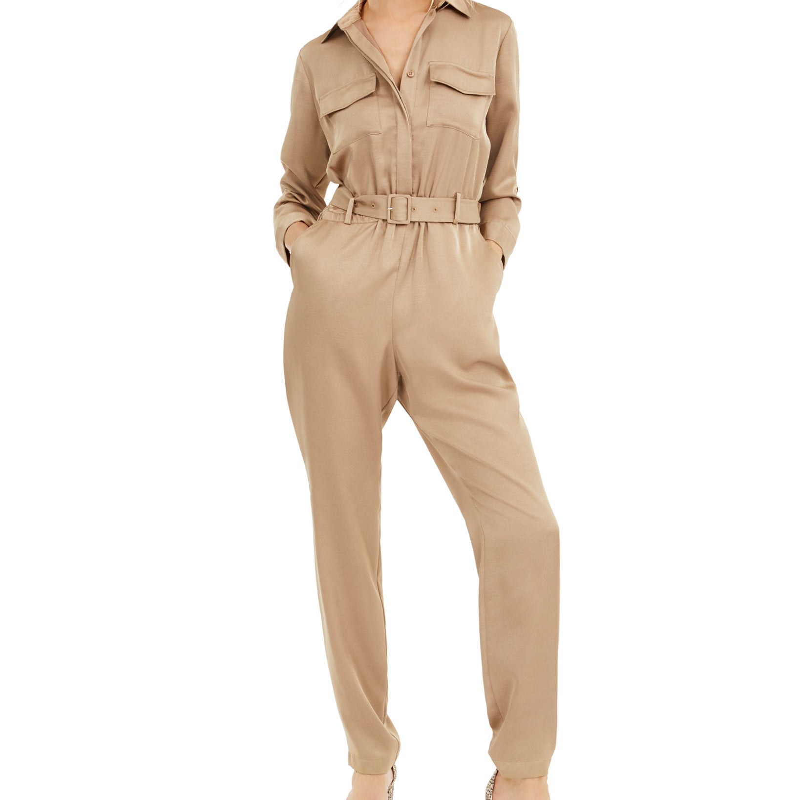 INC International Concepts Women Petite Button Front Jumpsuit Doe