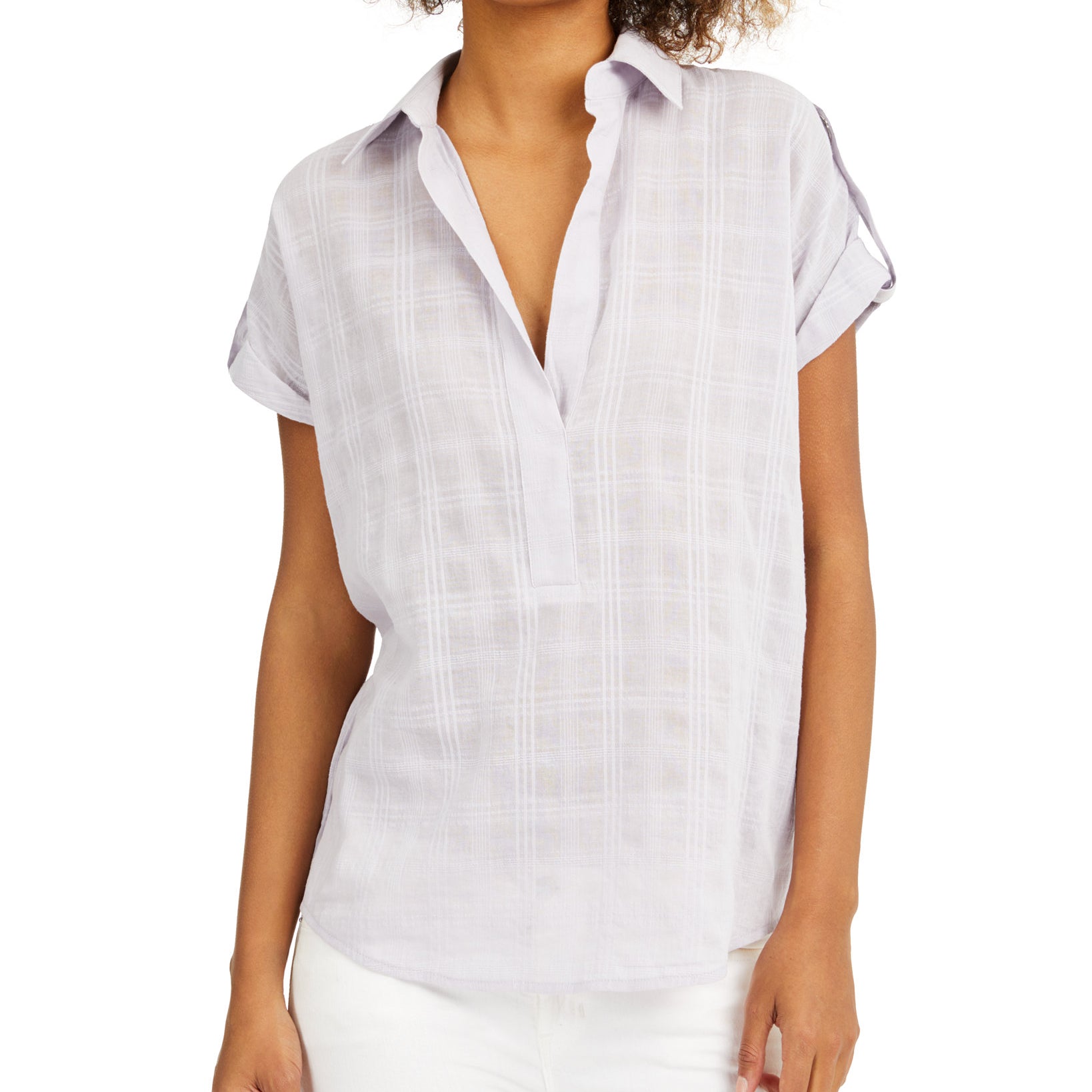 MICHAEL Michael Kors Women Petite Cotton Plaid Roll Tab Popover Top Lavander Mist