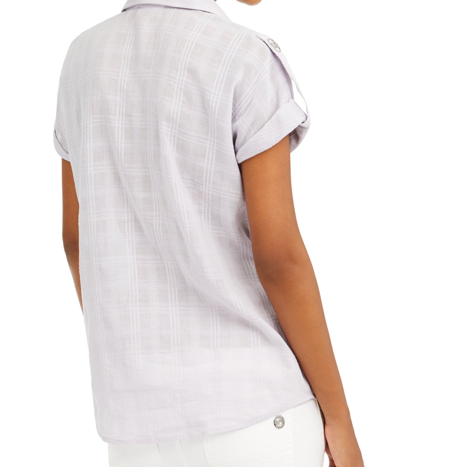 MICHAEL Michael Kors Women Petite Cotton Plaid Roll Tab Popover Top