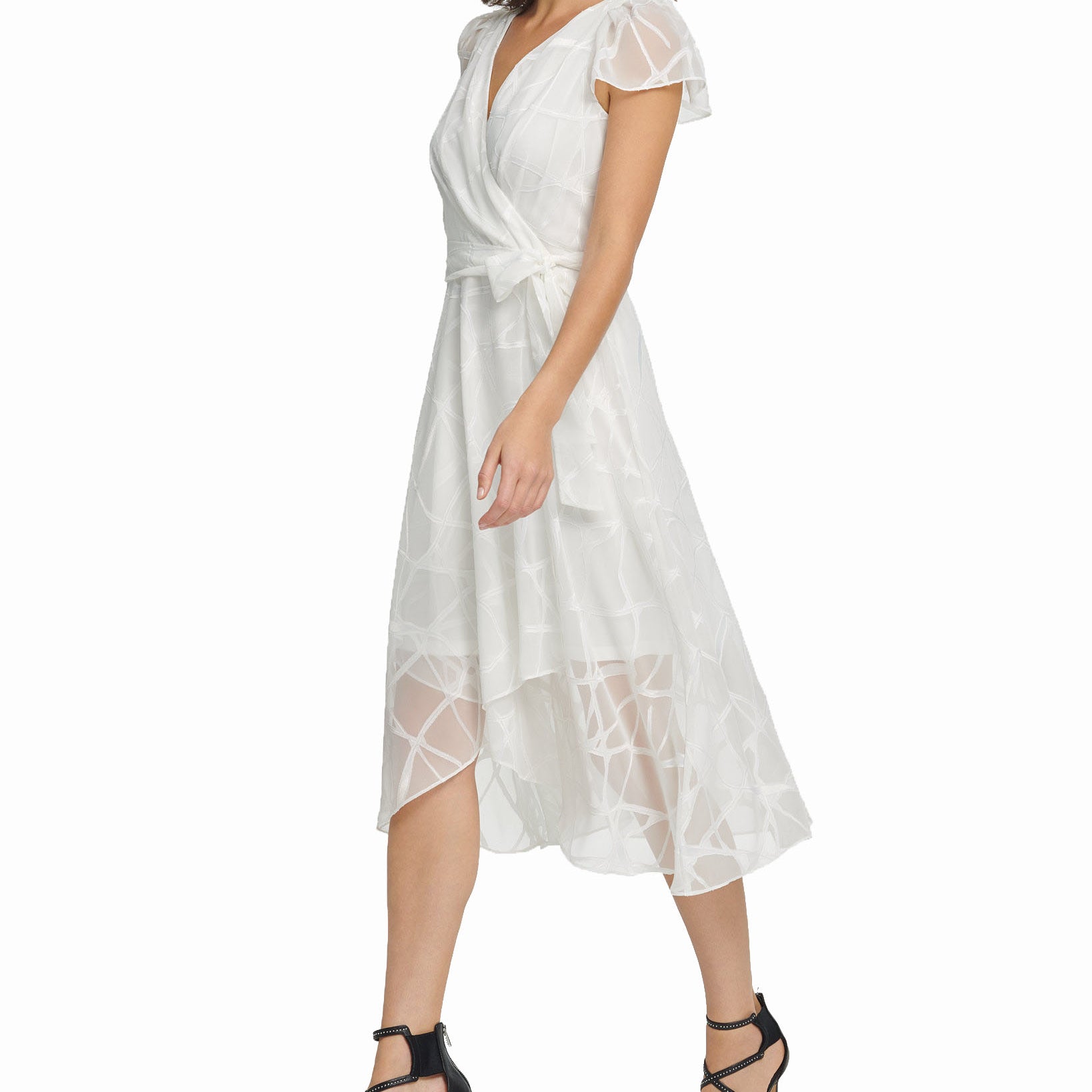 DKNY Women Flutter Sleeve V Neck Wrap Midi Dress