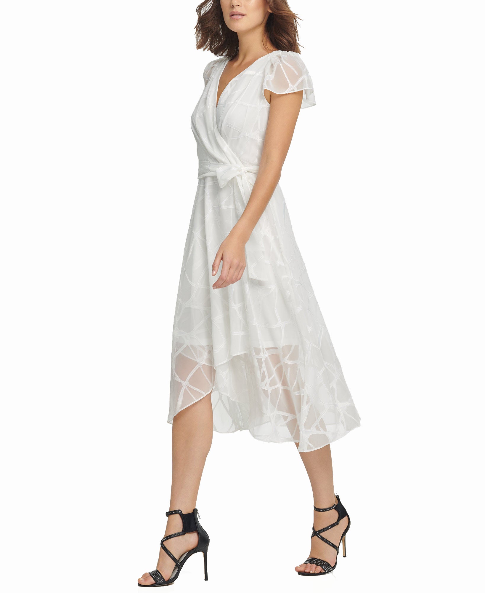 DKNY Women Flutter Sleeve V Neck Wrap Midi Dress