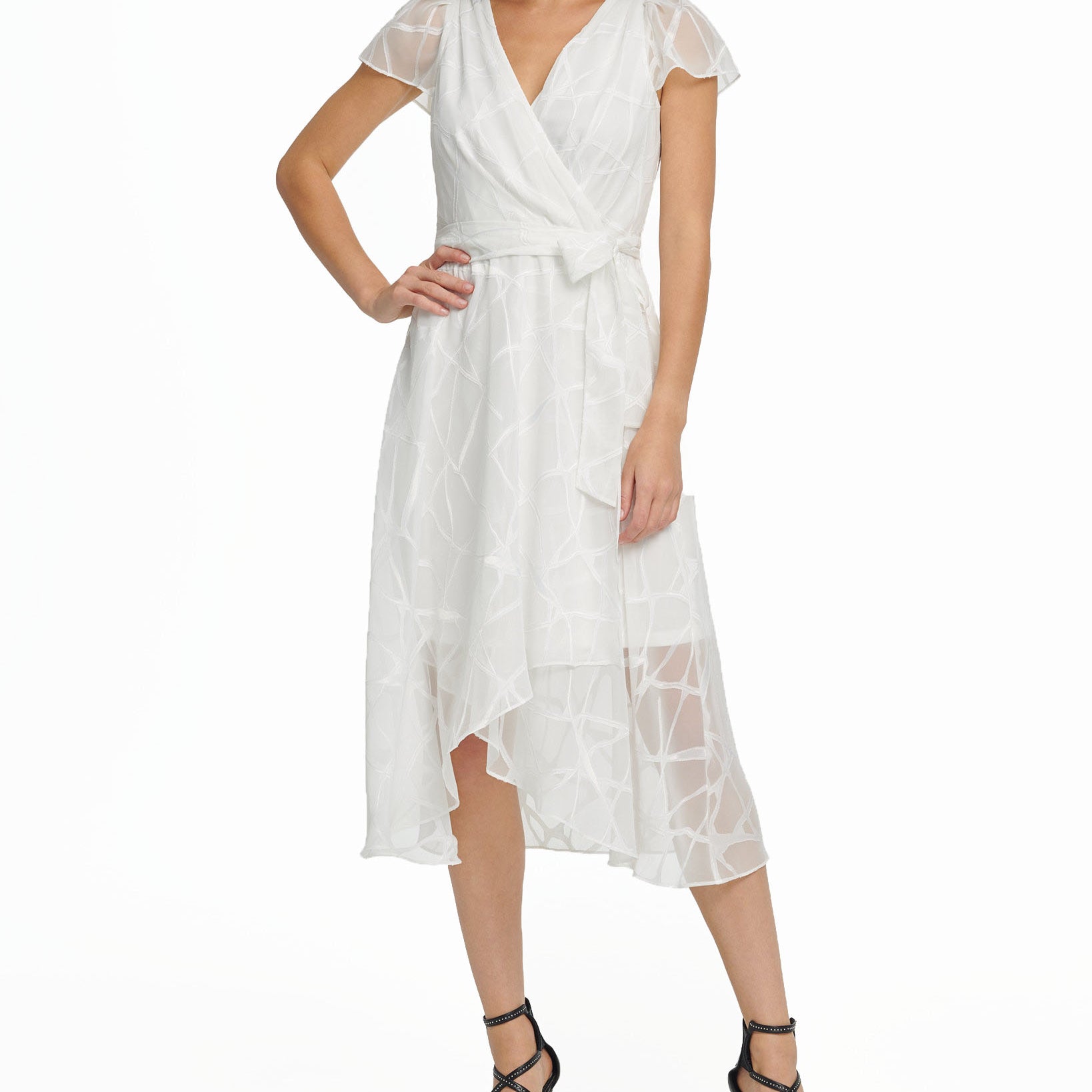 DKNY Women Flutter Sleeve V Neck Wrap Midi Dress Cream