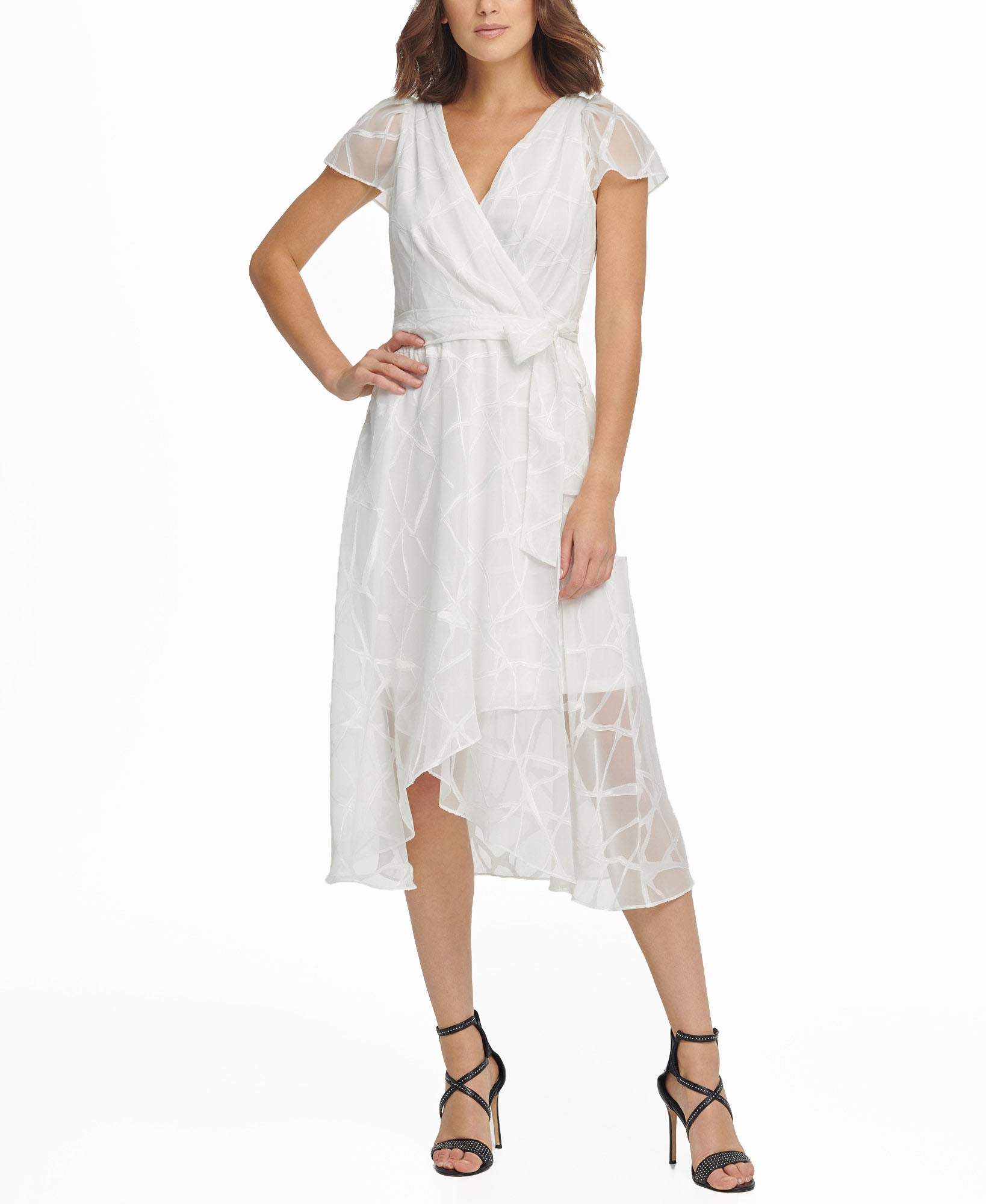DKNY Women Flutter Sleeve V Neck Wrap Midi Dress Cream