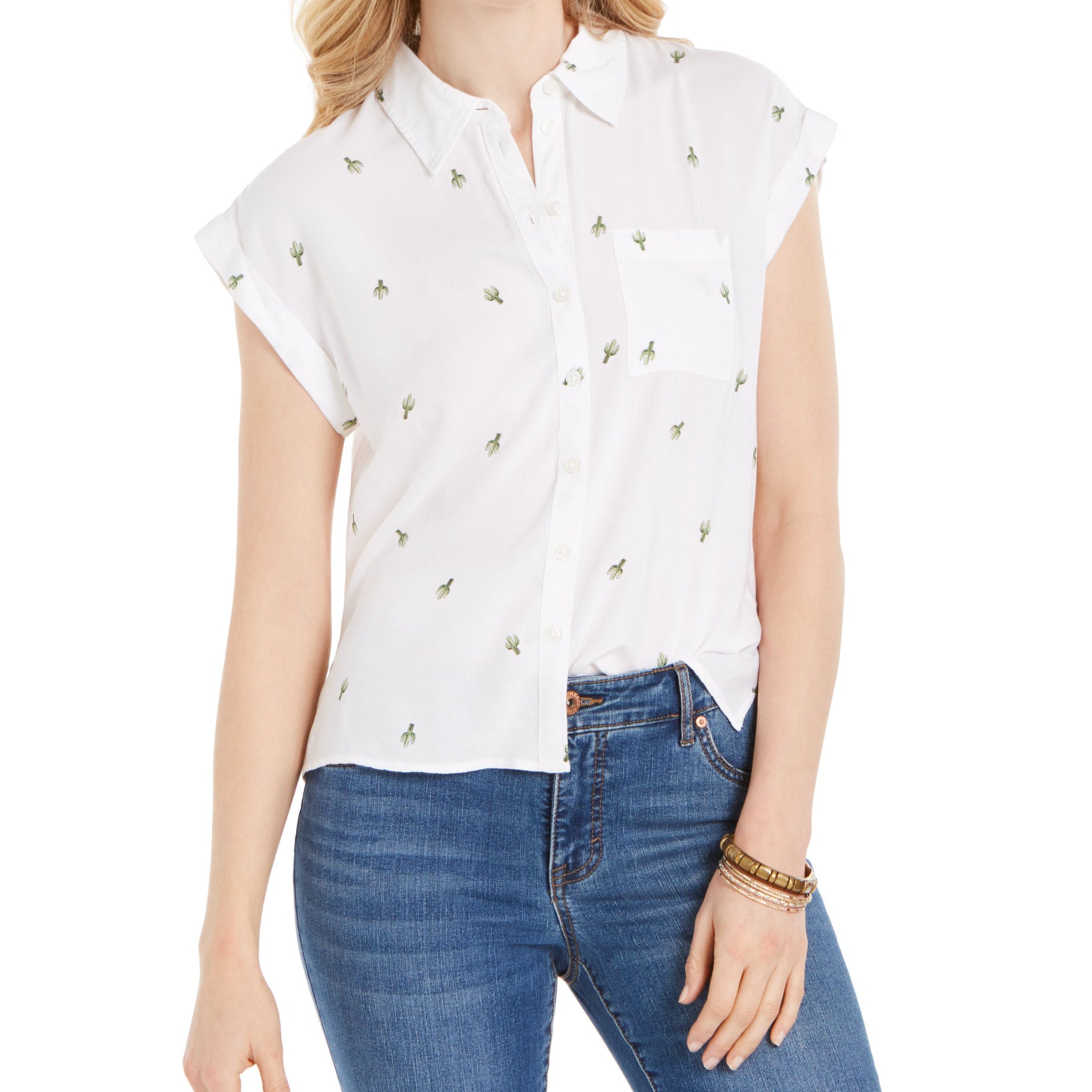 Style & Co Women Cactus Print Camp Shirt White Cactus Cascade