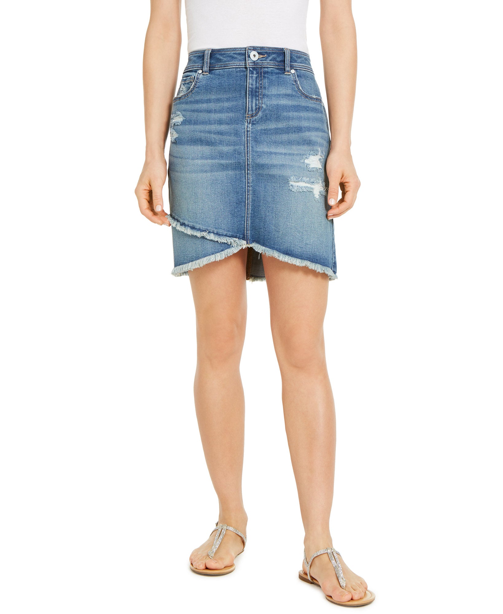 INC International Concepts Women Destructed Fray Trim Crossover Hem Denim Skirt Medium Indigo