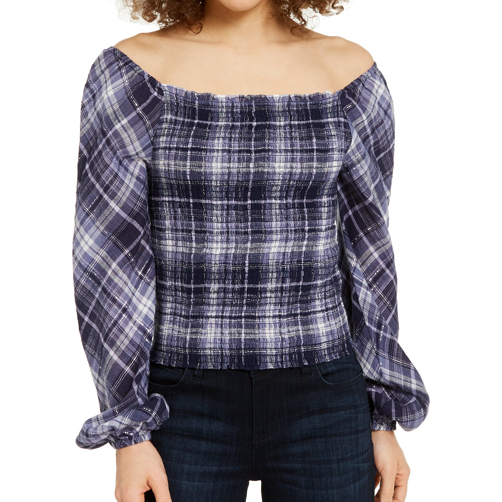 INC International Concepts Women Plaid Smocked Bodice Top Blue Sussex Plaid