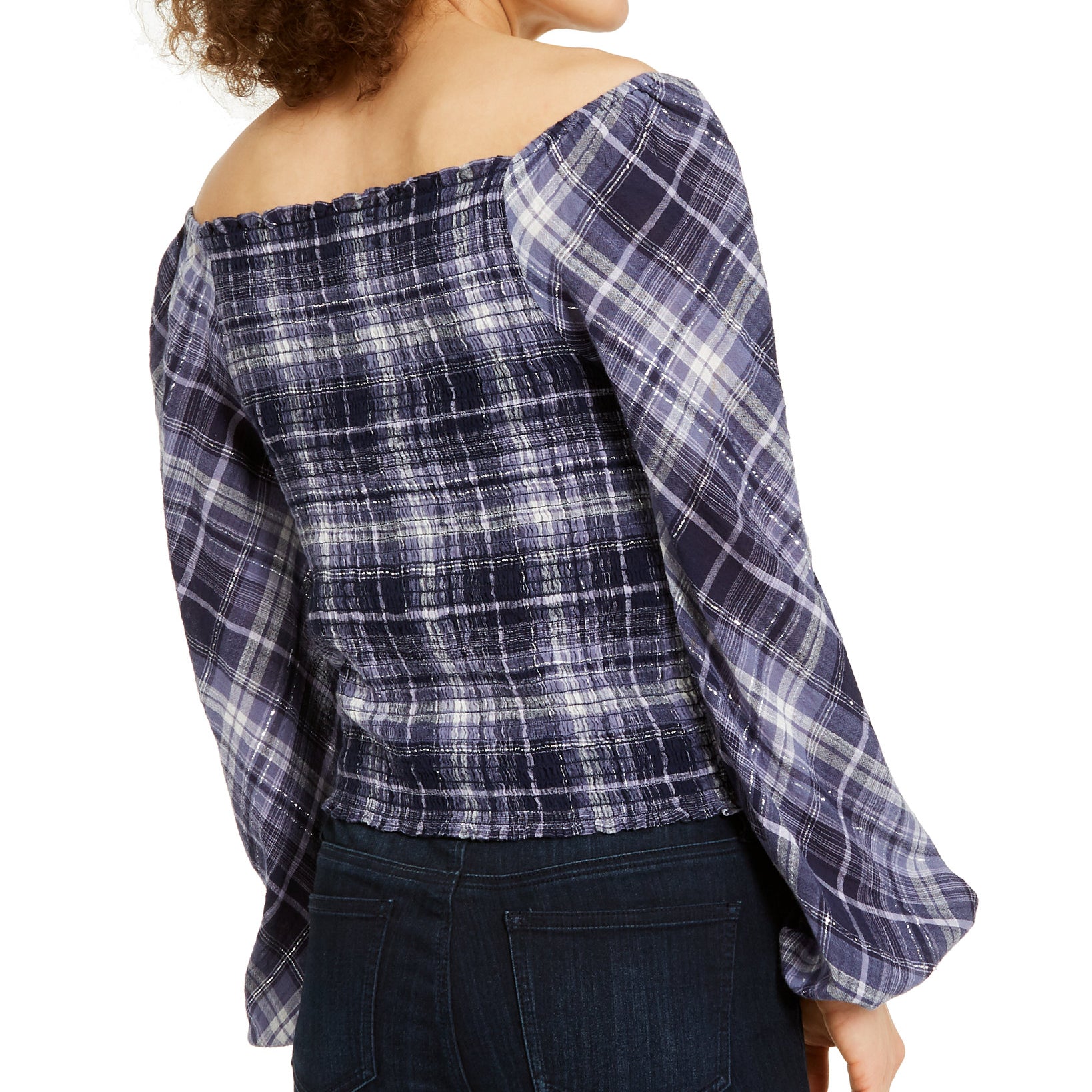 INC International Concepts Women Plaid Smocked Bodice Top