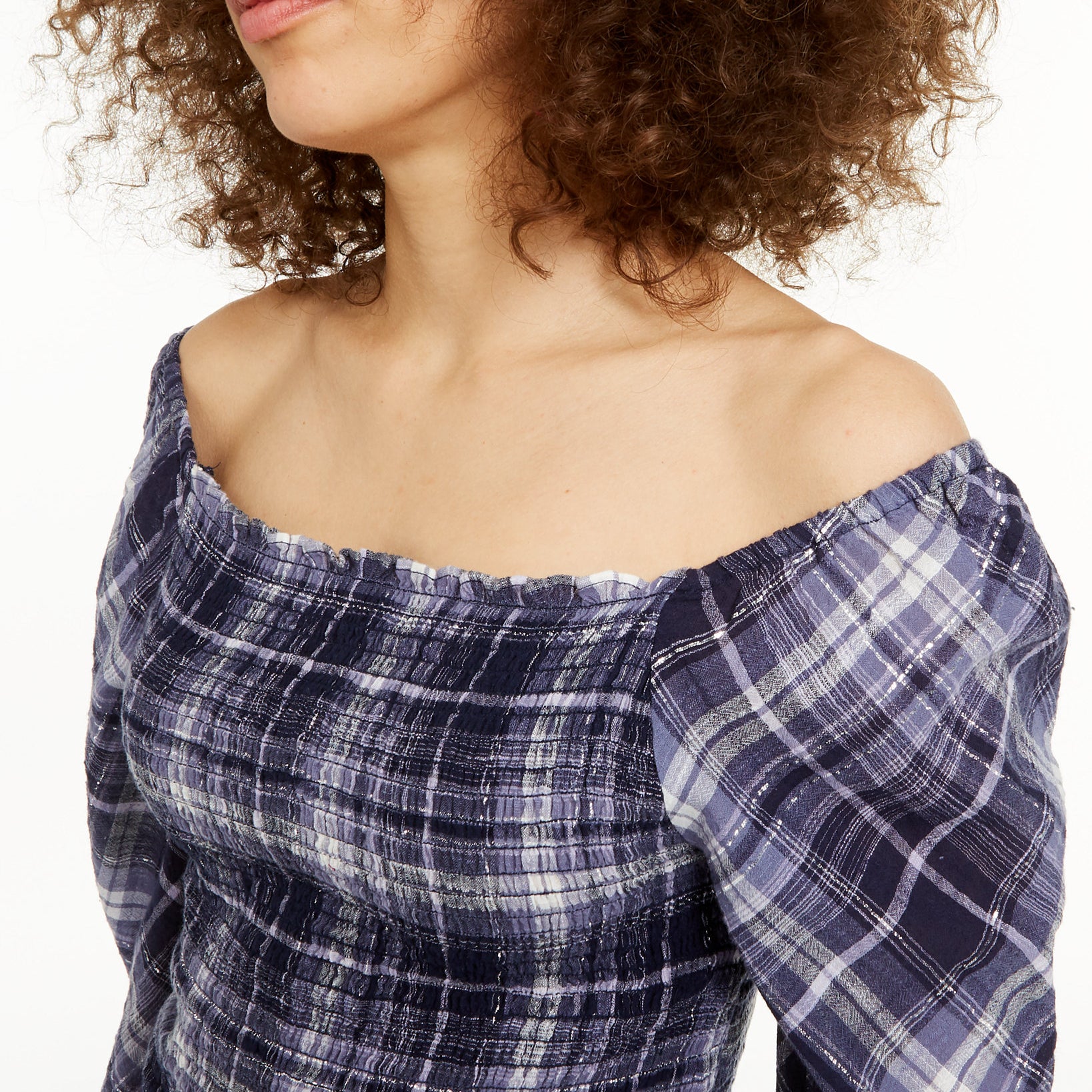 INC International Concepts Women Plaid Smocked Bodice Top