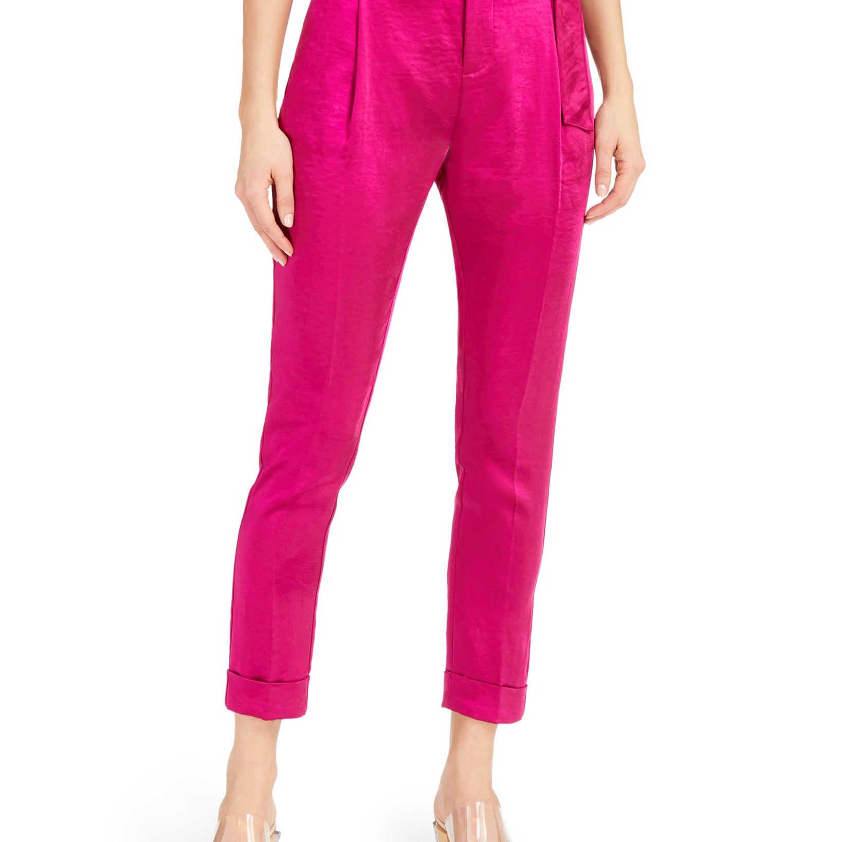 INC International Concepts Women Satin Belted Ankle Pants Cranberry Rose