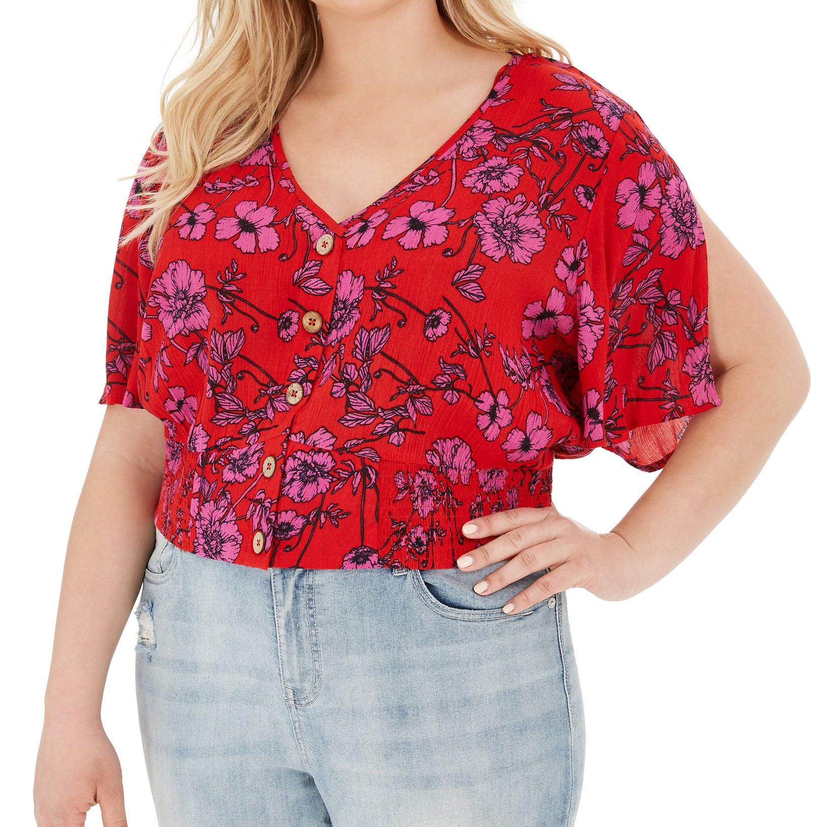 Band of Gypsies Women Plus Trendy Floral Print Cropped Blouse Red Magenta