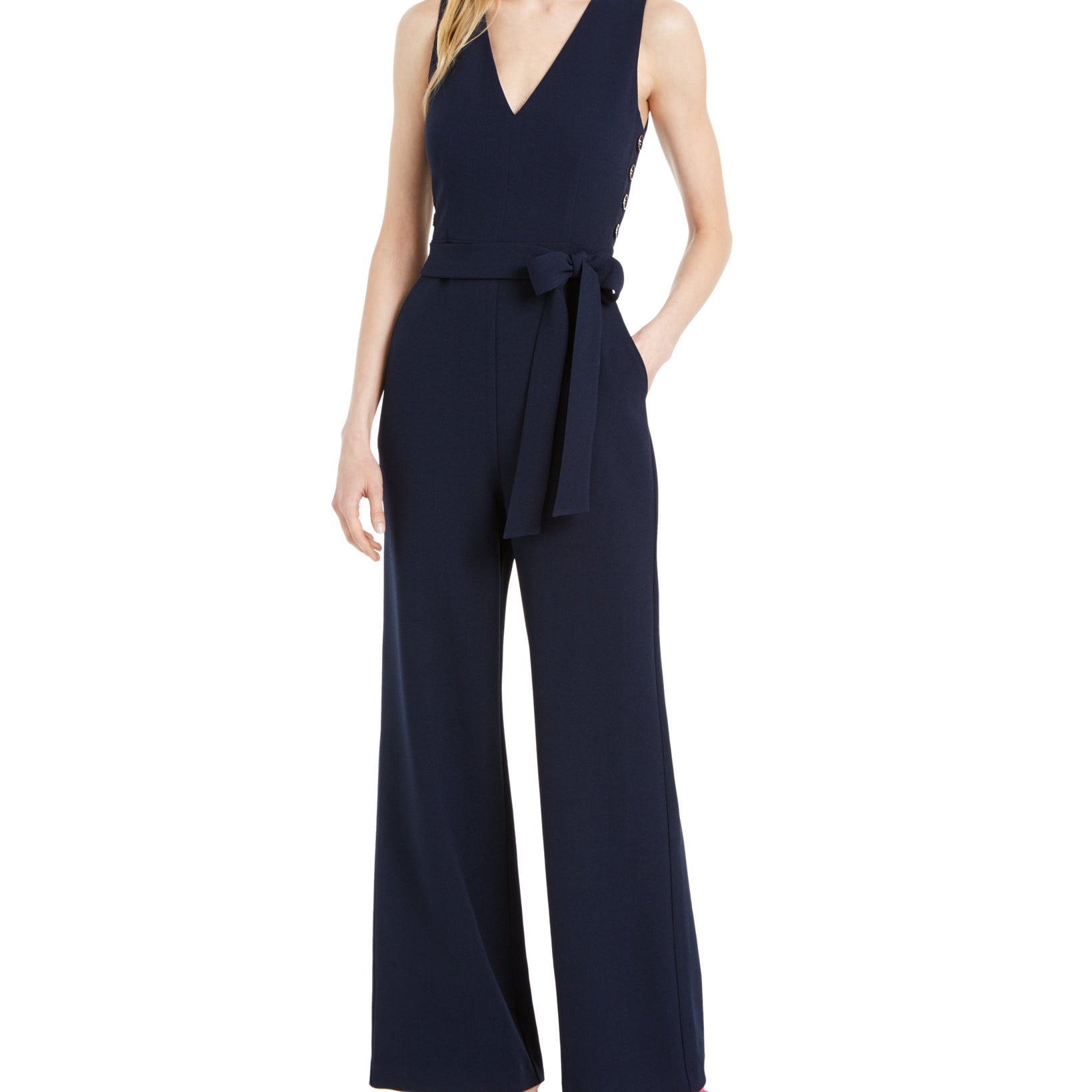 Vince Camuto Women V Neck Crepe Jumpsuit Navy