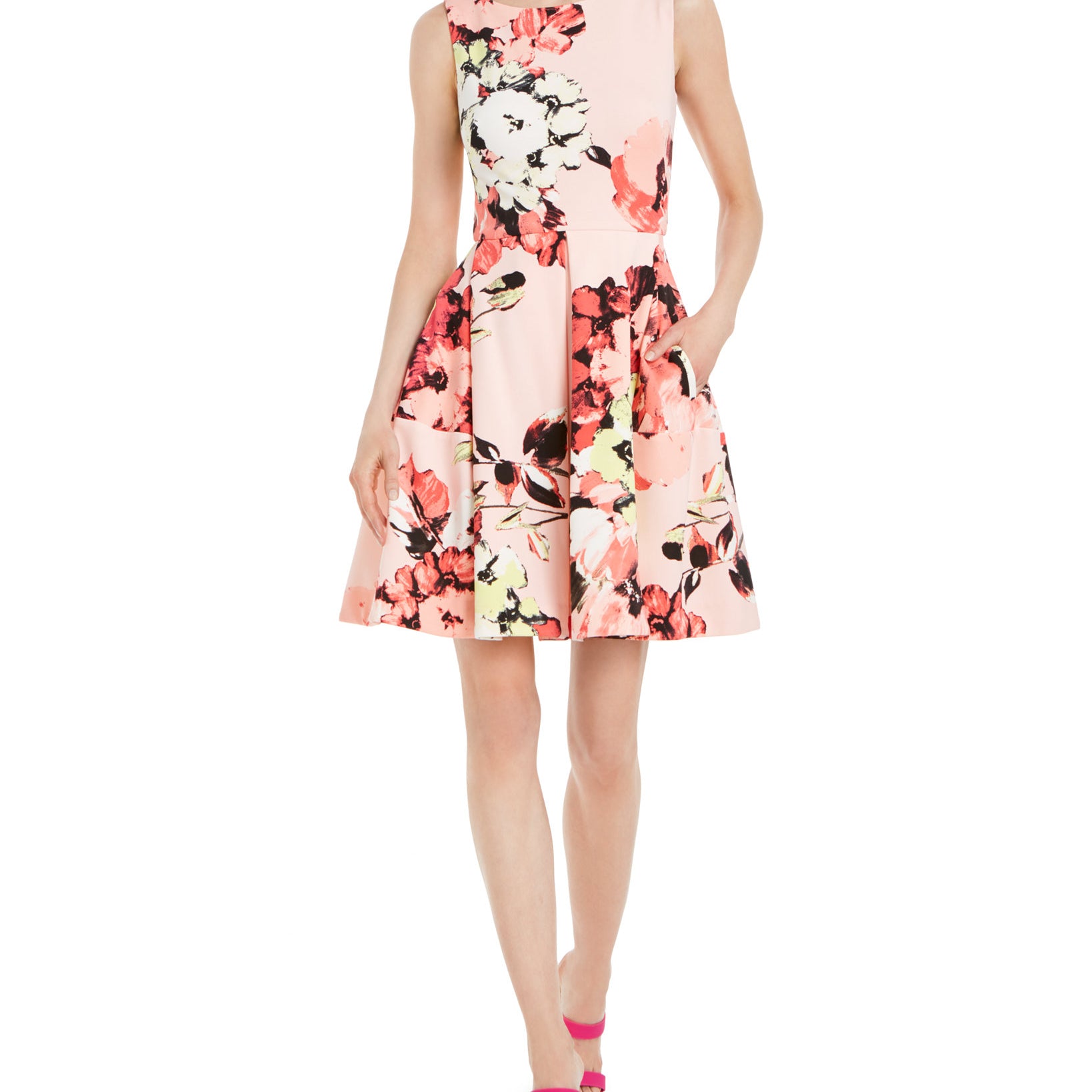 Taylor Women Floral Scuba Fit & Flare Dress Pink Coral