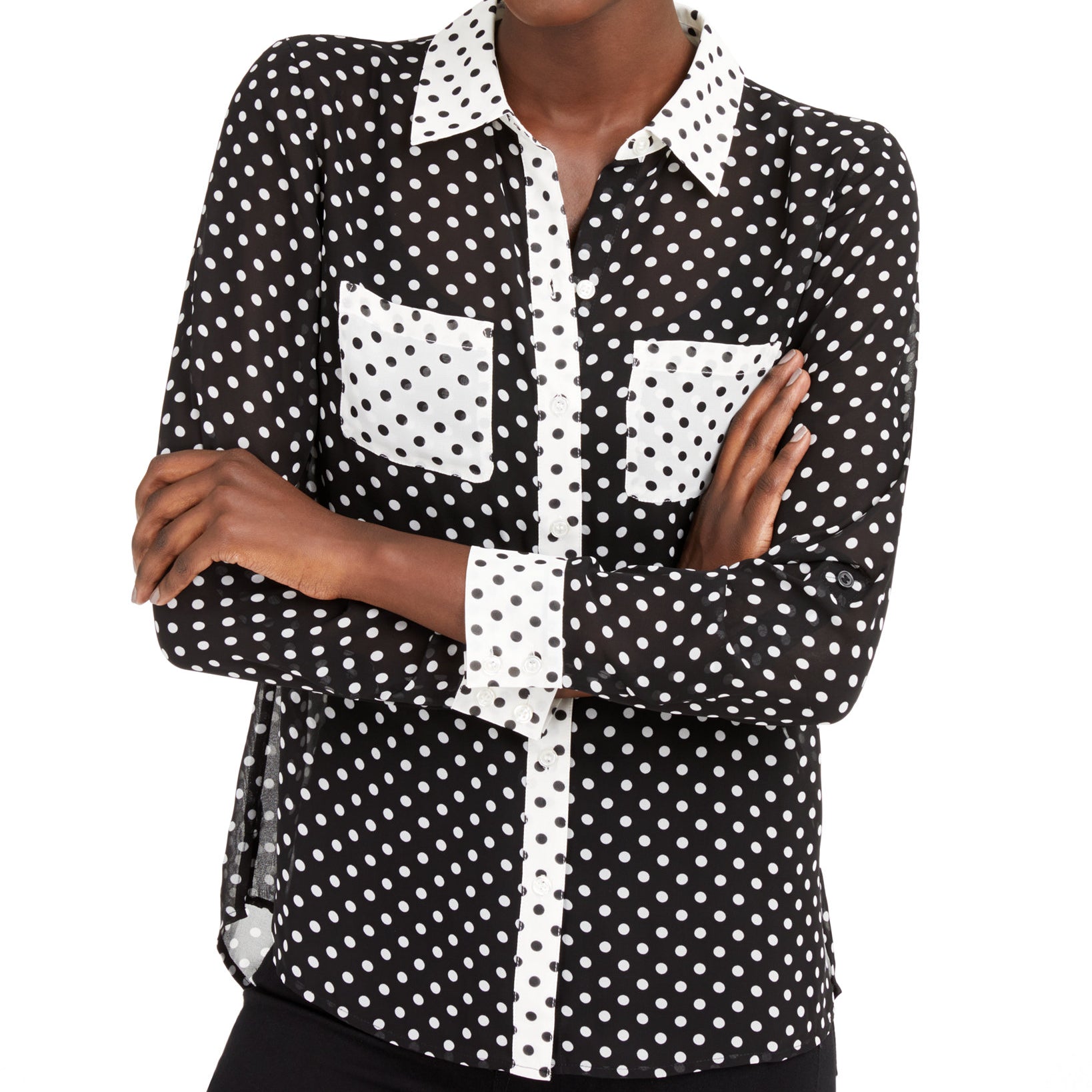 INC International Concepts Women Mixed Print Button Up Shirt Black Daisy Dot