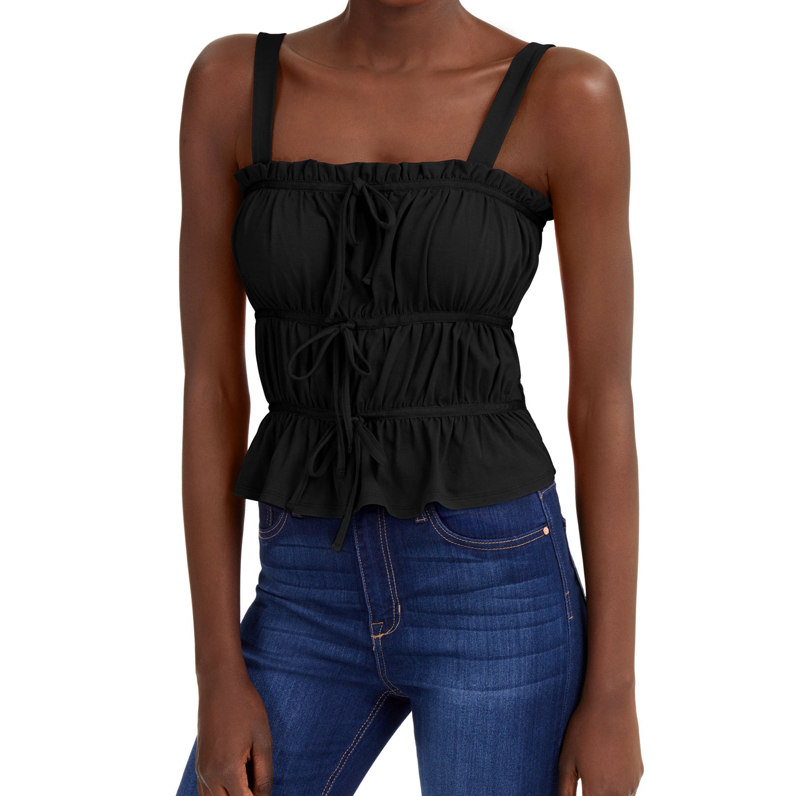 INC International Concepts Women Ruched Tie Tank Top Deep Black