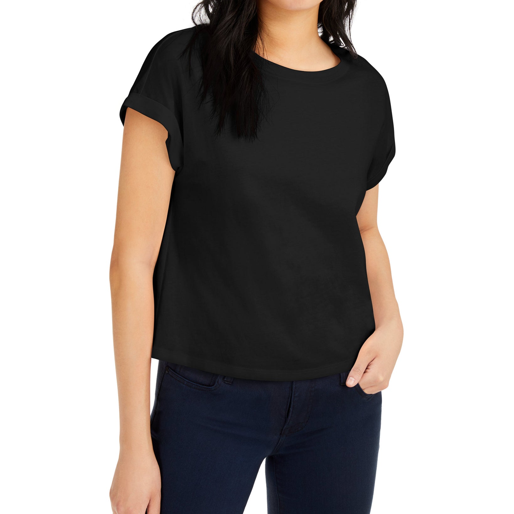INC International Concepts Women Boxy Crewneck T Shirt Deep Black