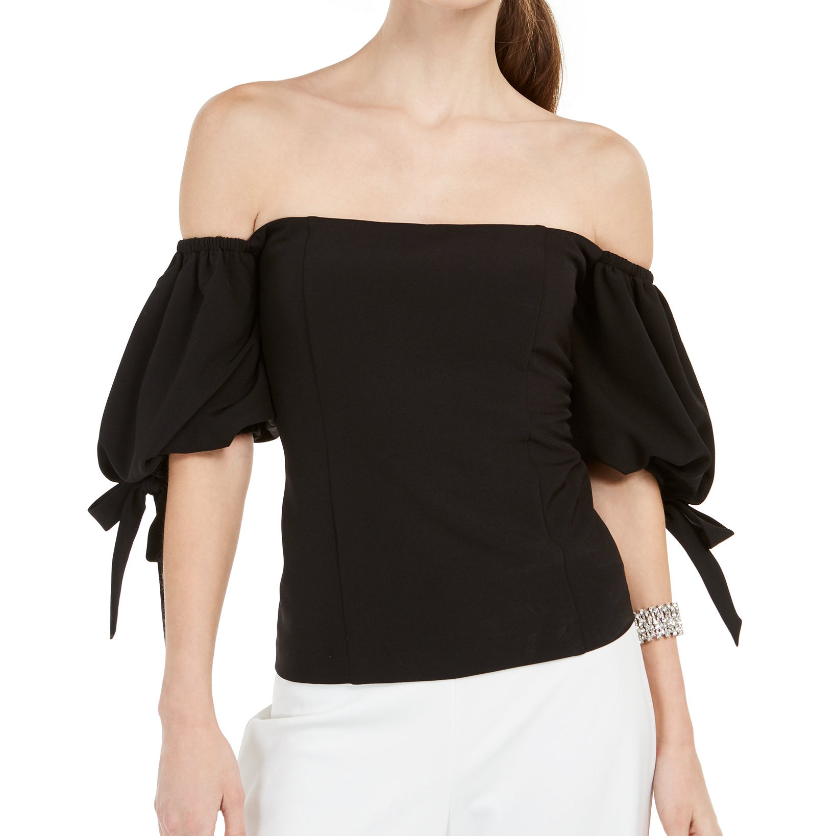 MSK Women Off The Shoulder Tie Sleeve Top Black