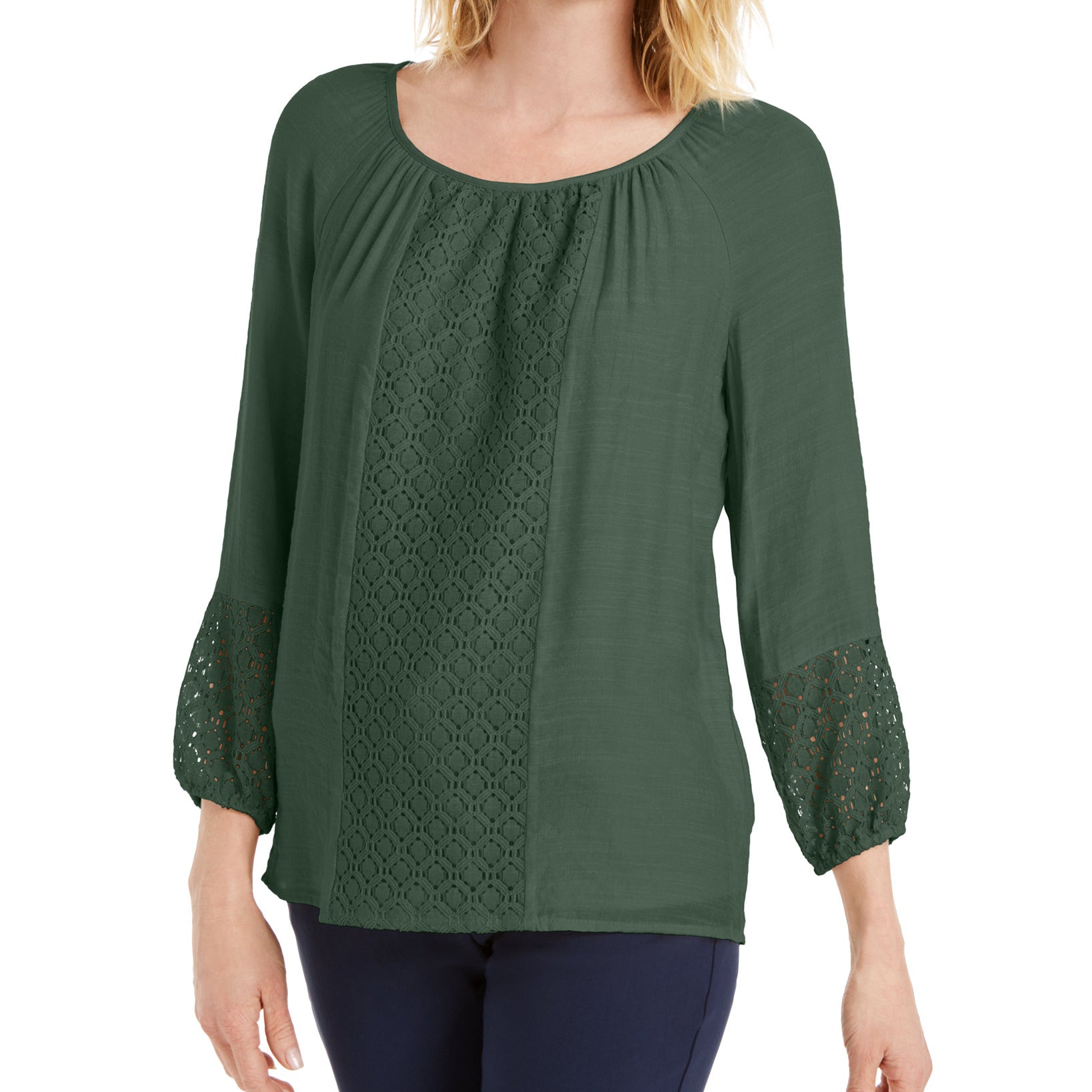 JM Collection Women Solid Lace Inset Top Blooming Cactus