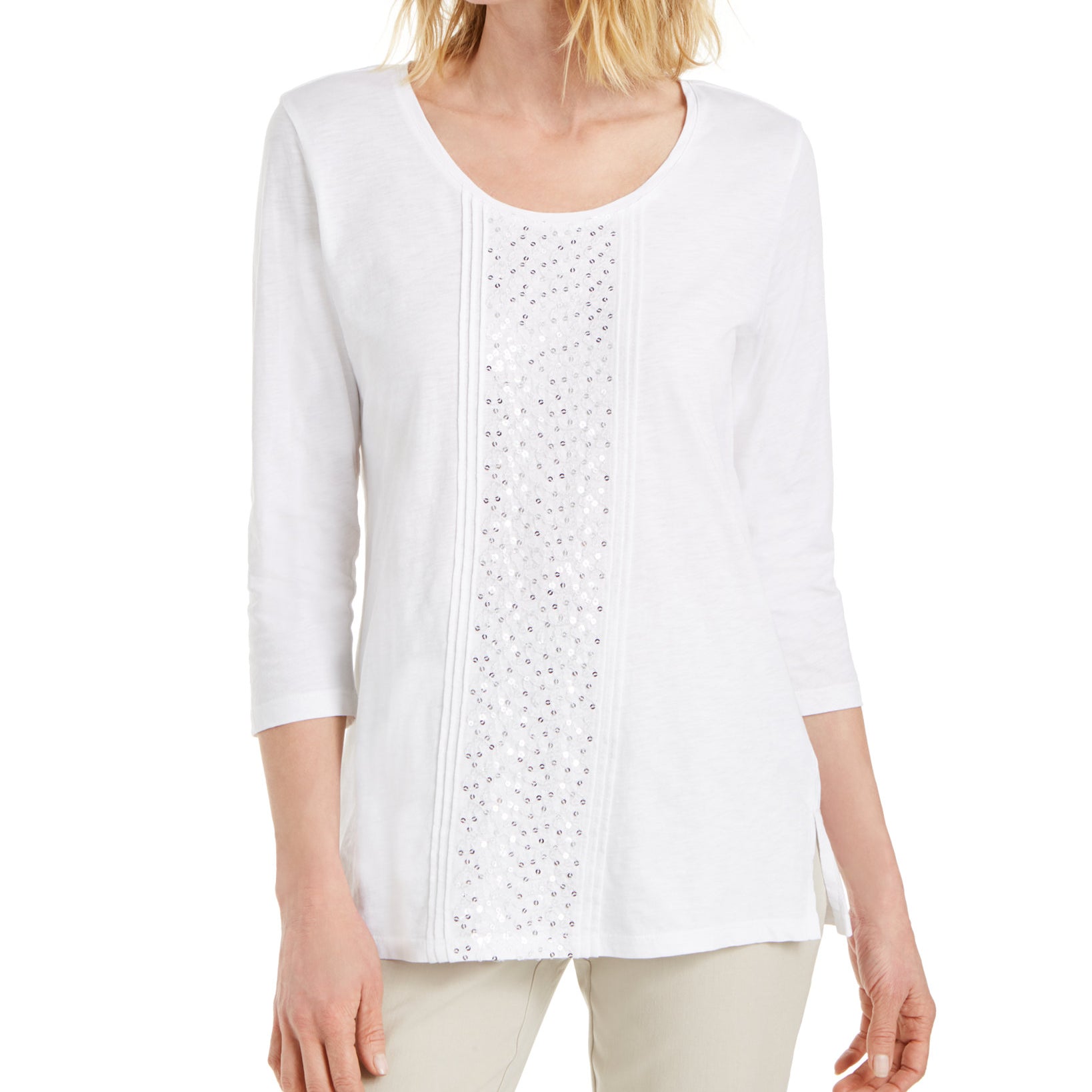 JM Collection Women Sequined Scoop Neck Top Bright White