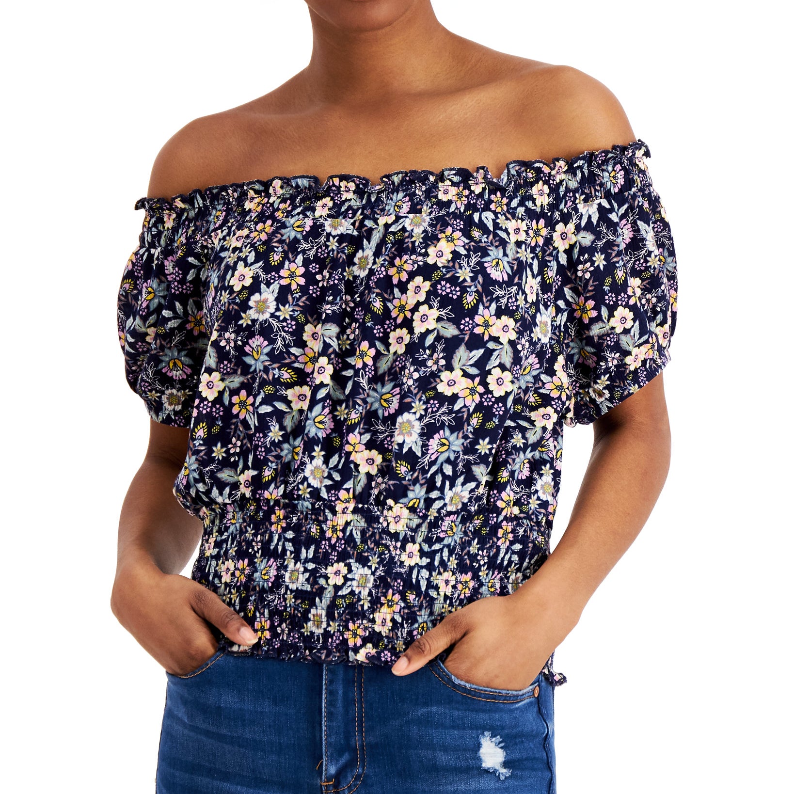 Self Esteem Women Floral Printed Smocked Off The Shoulder Top Eclipse