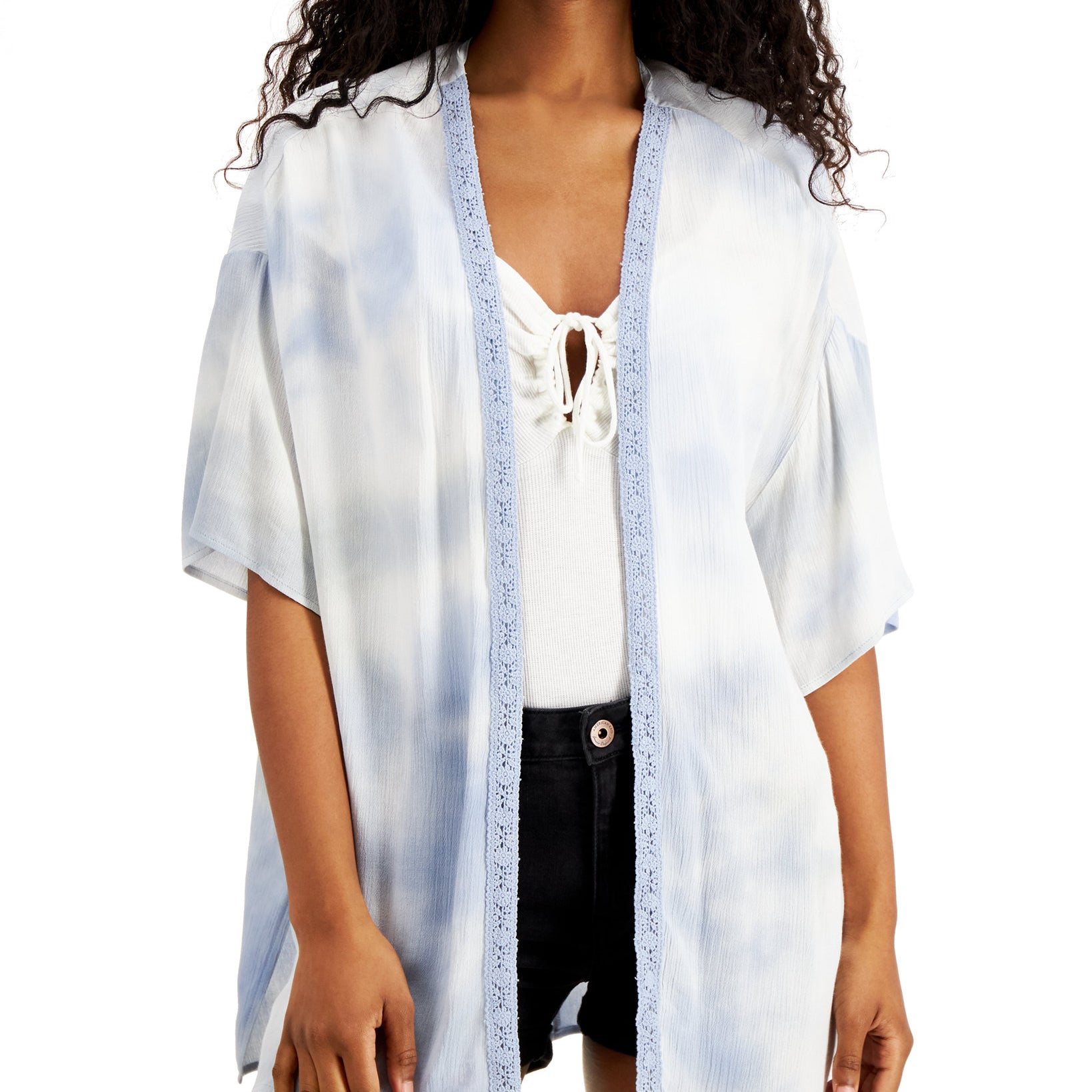 Ultra Flirt Women Lace Trimmed Tie Dye Kimono Blue Fog