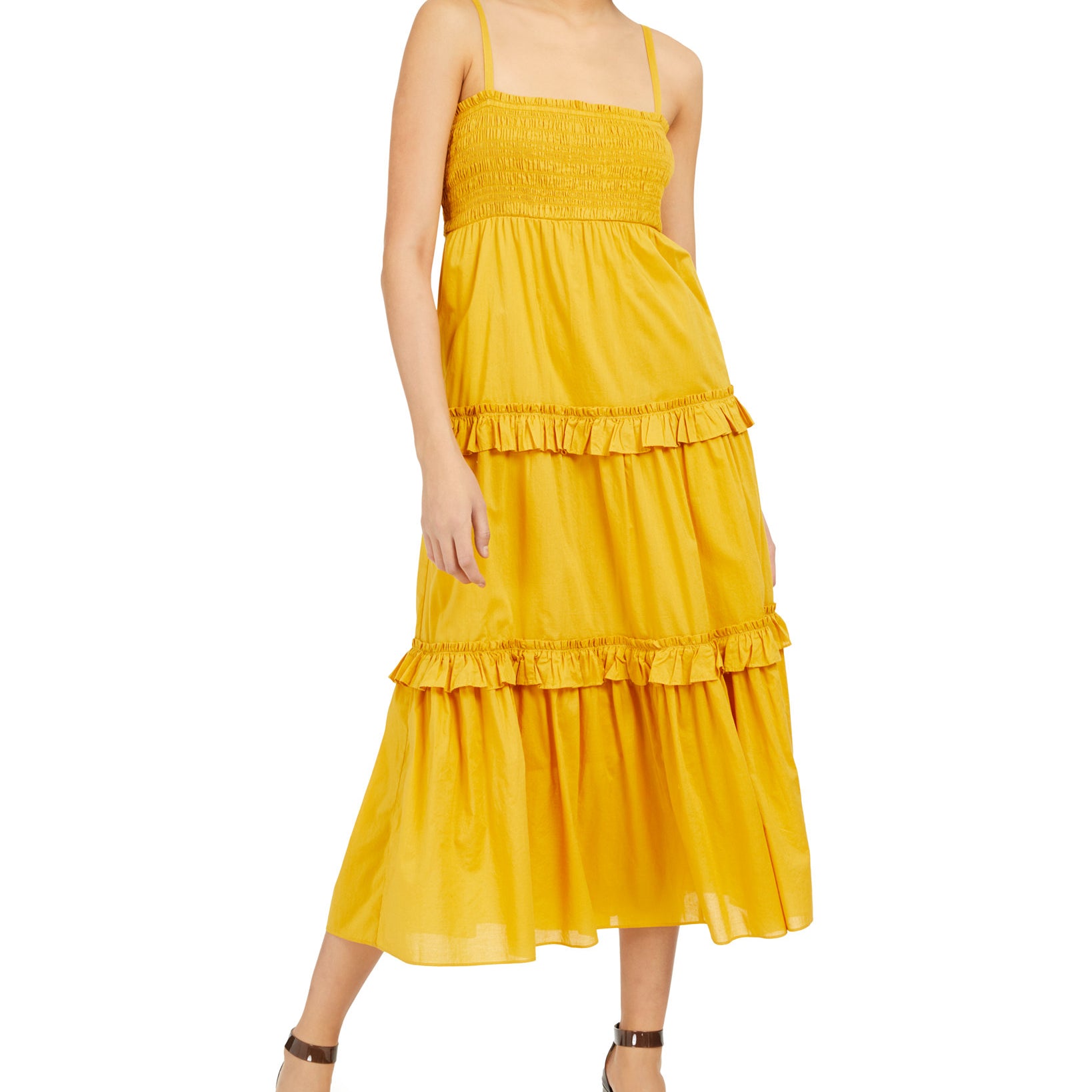 INC International Concepts Women Cotton Smocked Tiered Maxi Dress Gold Dust