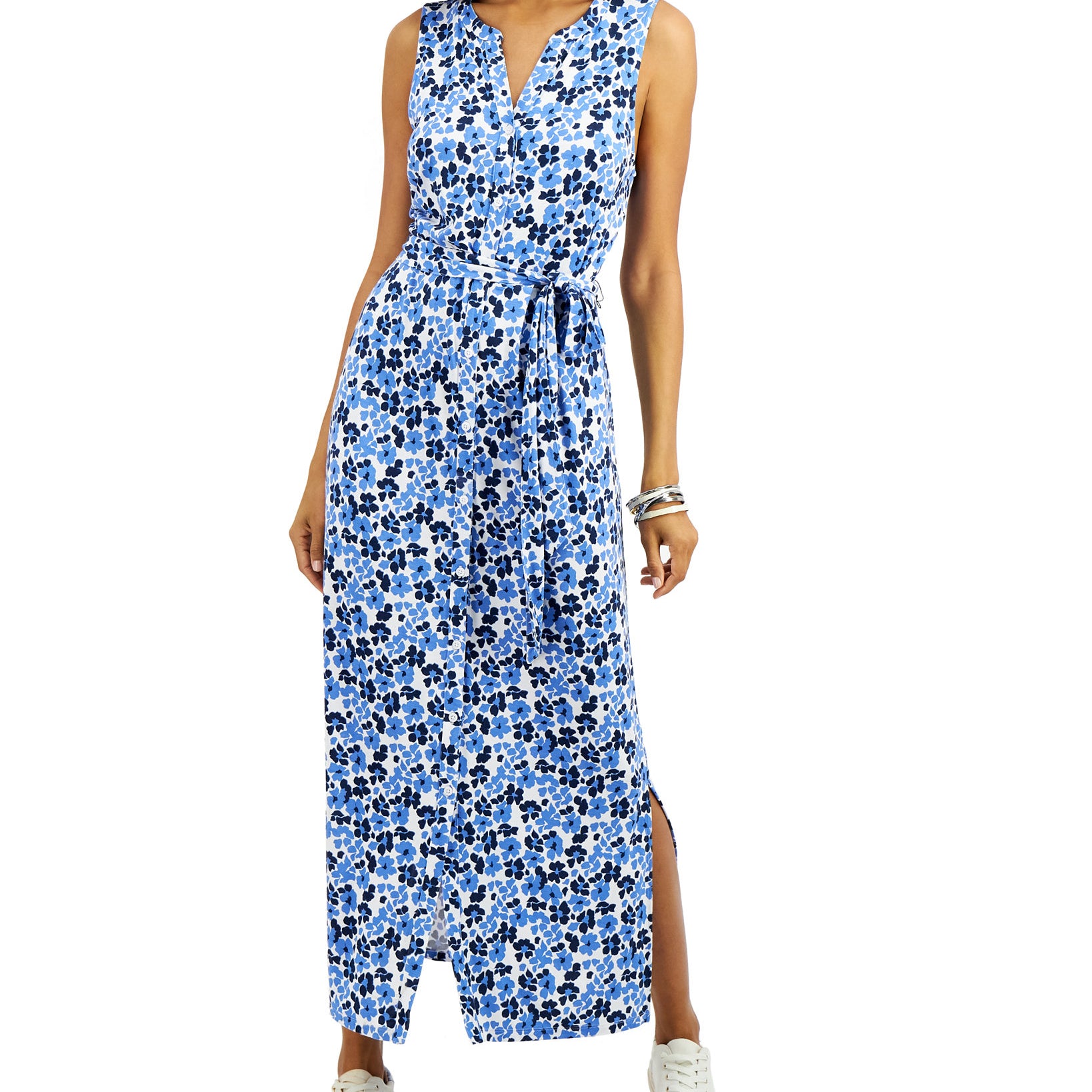 Charter Club Women Tie Waist Maxi Dress Intrepid Blue Combo