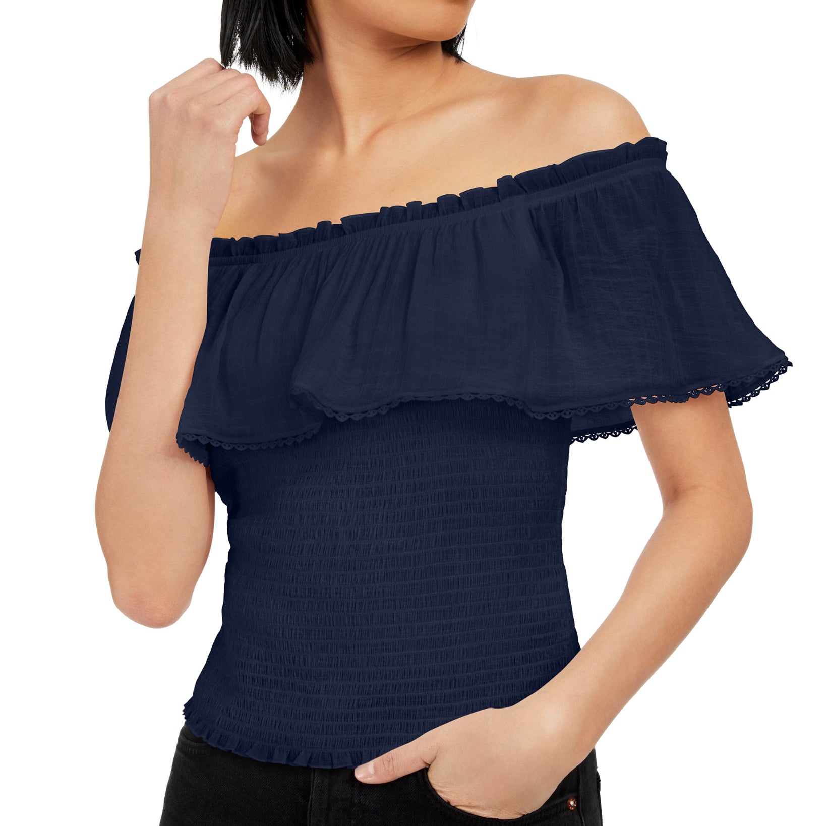 BCX Women Ruffled Off The Shoulder Top Navy