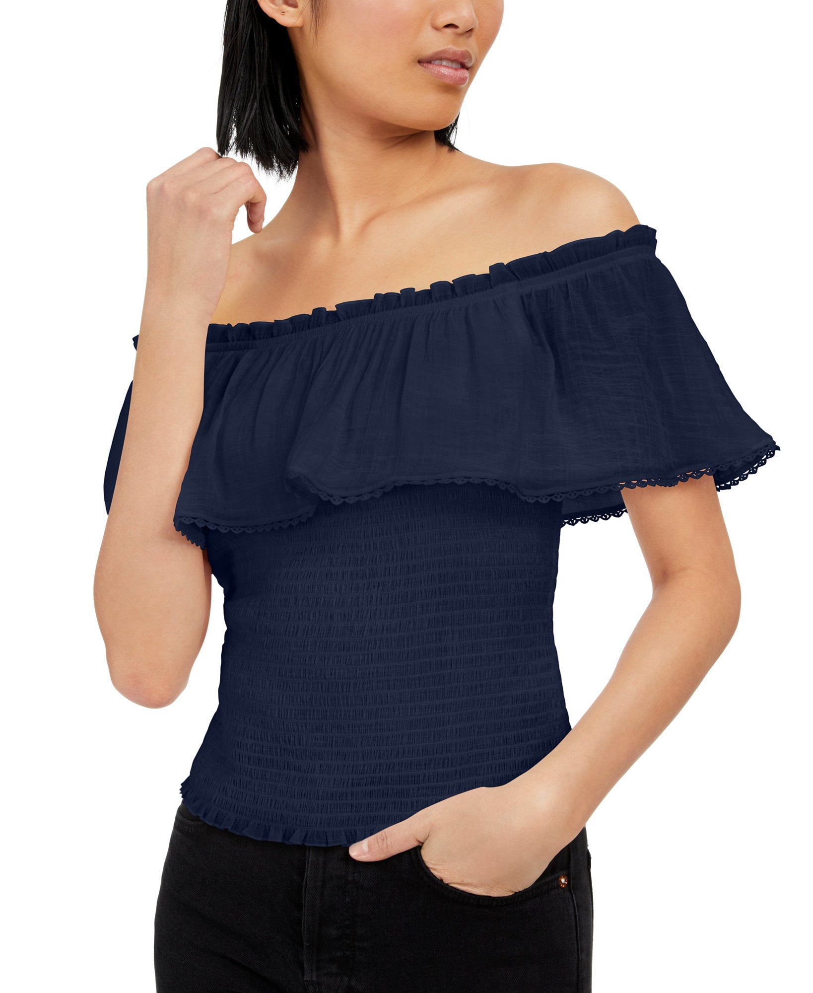 BCX Women Ruffled Off The Shoulder Top Navy