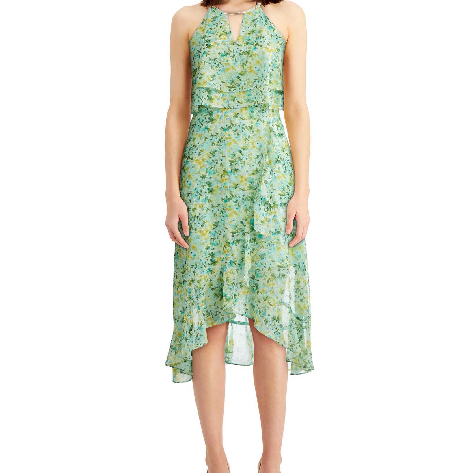 kensie Women Printed Popover Midi Dress Mint Multi